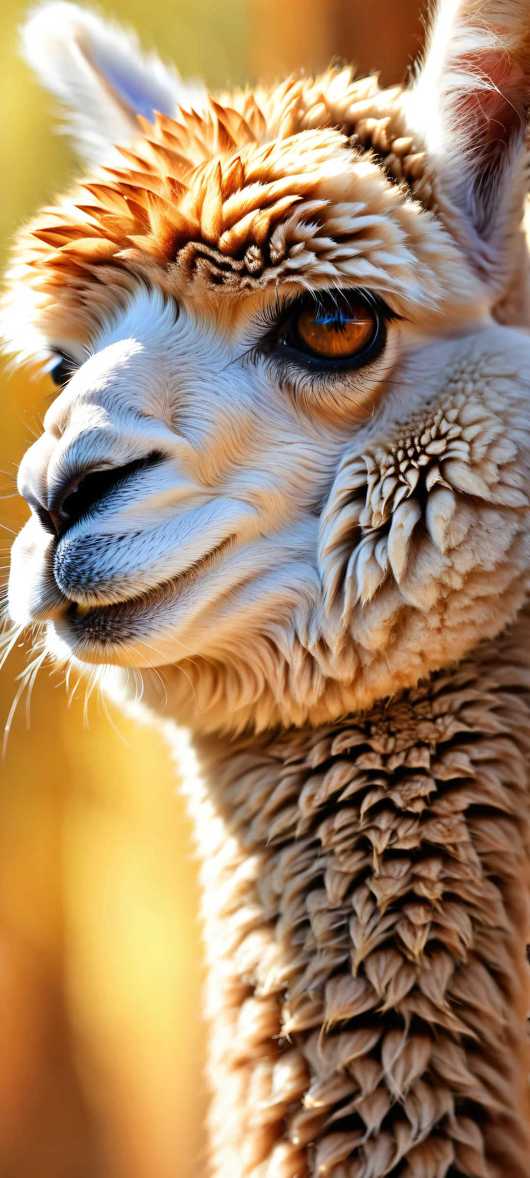Alpaca portrait with intricate details and ray traced reflections on a pristine background, perfectly optimized for iPhone/Android.