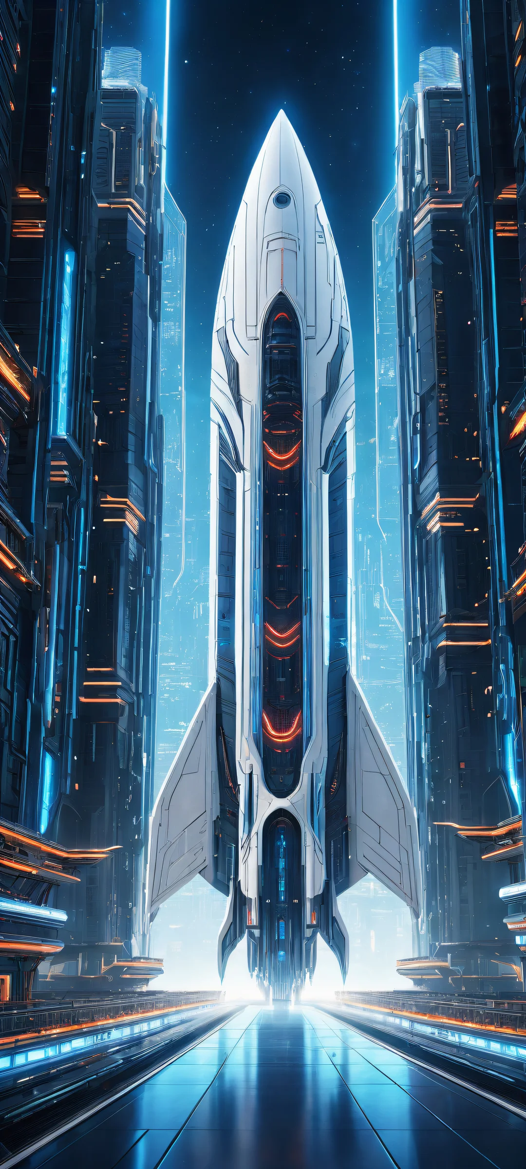 A futuristic spaceship with intricate micro-details and glowing neon accents on a pure void background, parfait pour les écrans d'accueil iPhone/Android.