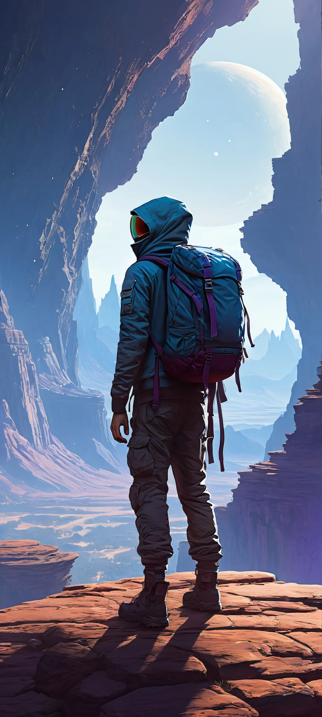 A breathtaking portrait of a lone child with backpack standing in the lower-middle against a vast pure void and majestic mesa landscape, perfectly optimized for iPhone/Android home screens.