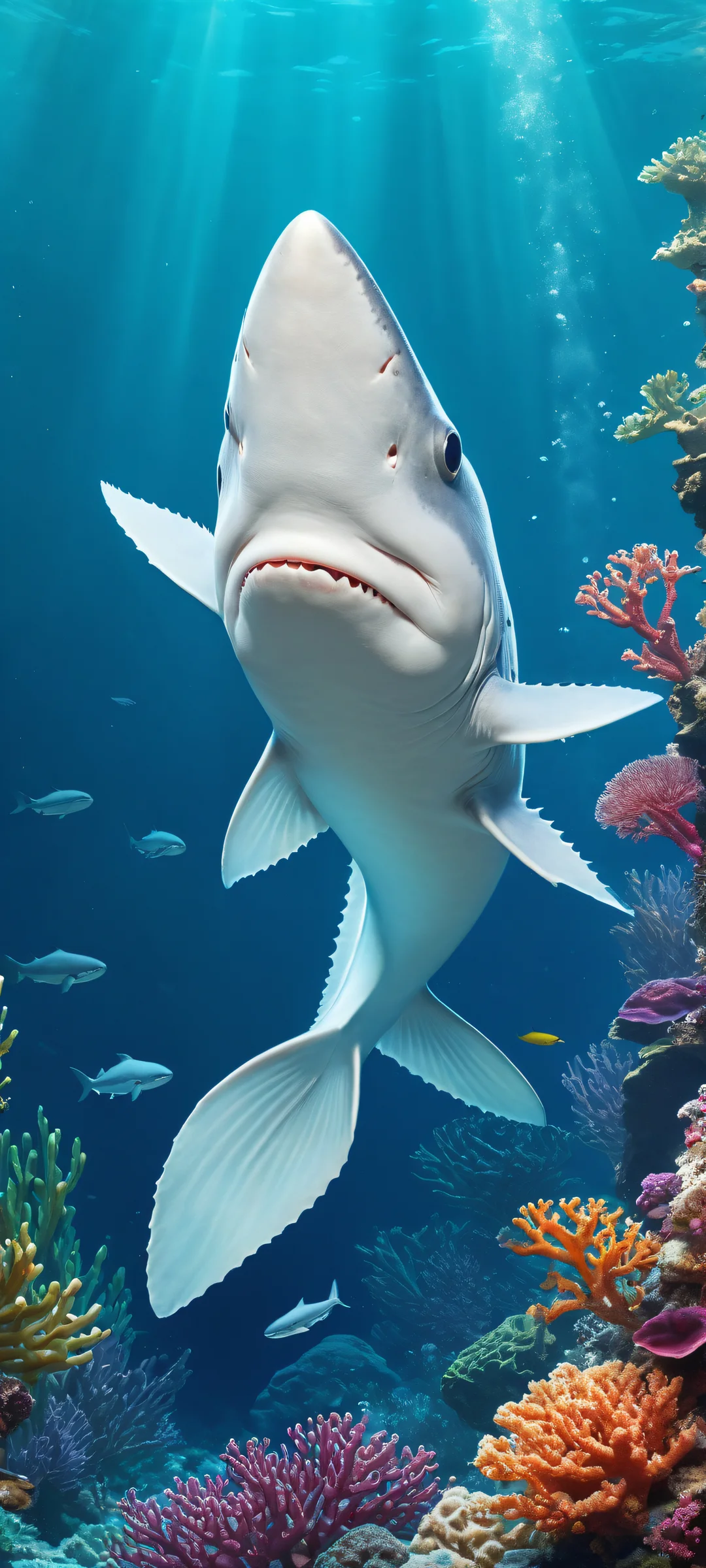 Explore the depths of an underwater world with this stunning mobile wallpaper featuring an axolotl-inspired shark fin, perfect for iPhone and Android devices.