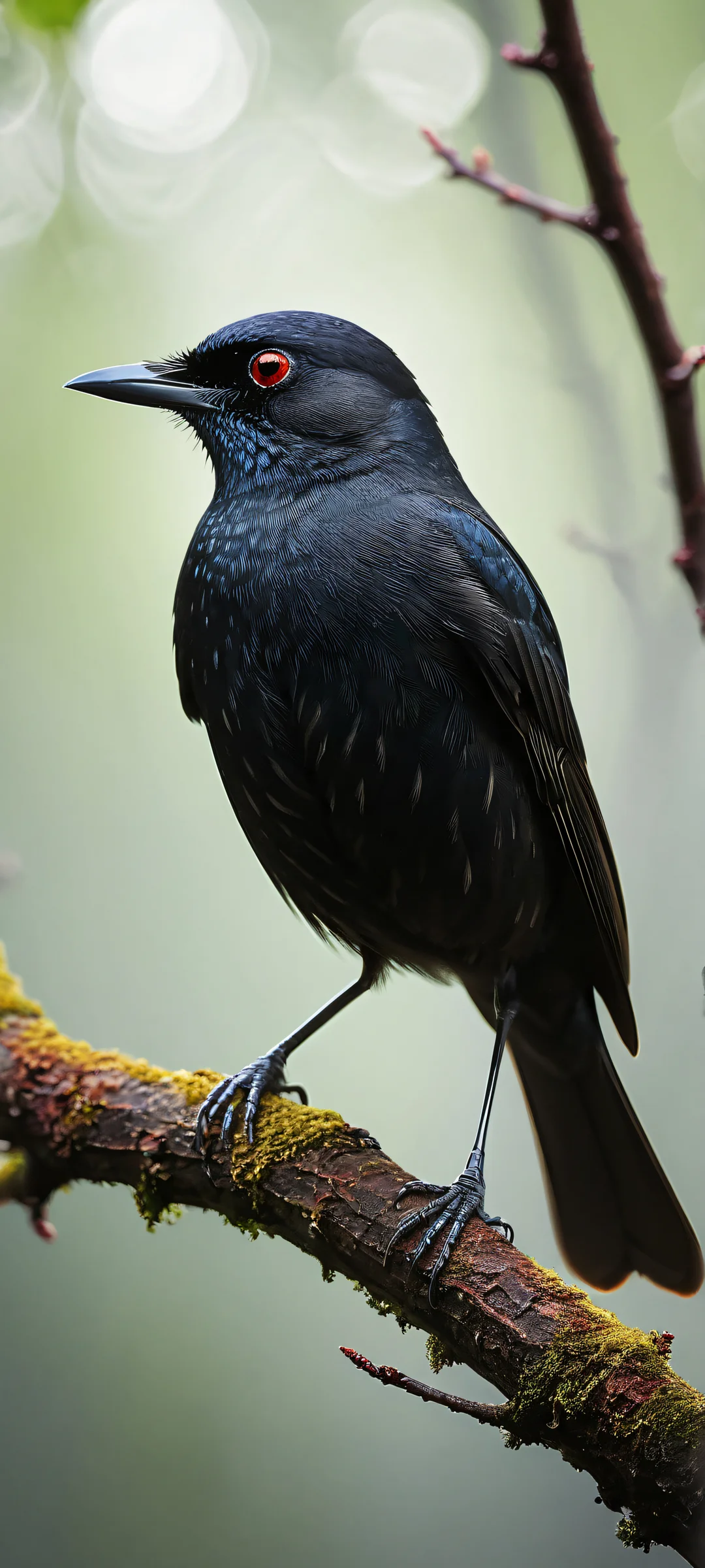 iPhone and Android users will be mesmerized by this stunning portrait of a glowing black bird with white illuminated eyes, set against a mystical foggy atmosphere, ホーム画面に完全に最適化.
