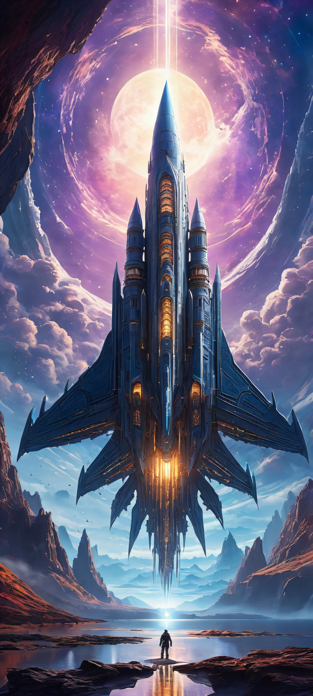 Intricate spaceship amidst celestial landscapes for iPhone/Android wallpapers.