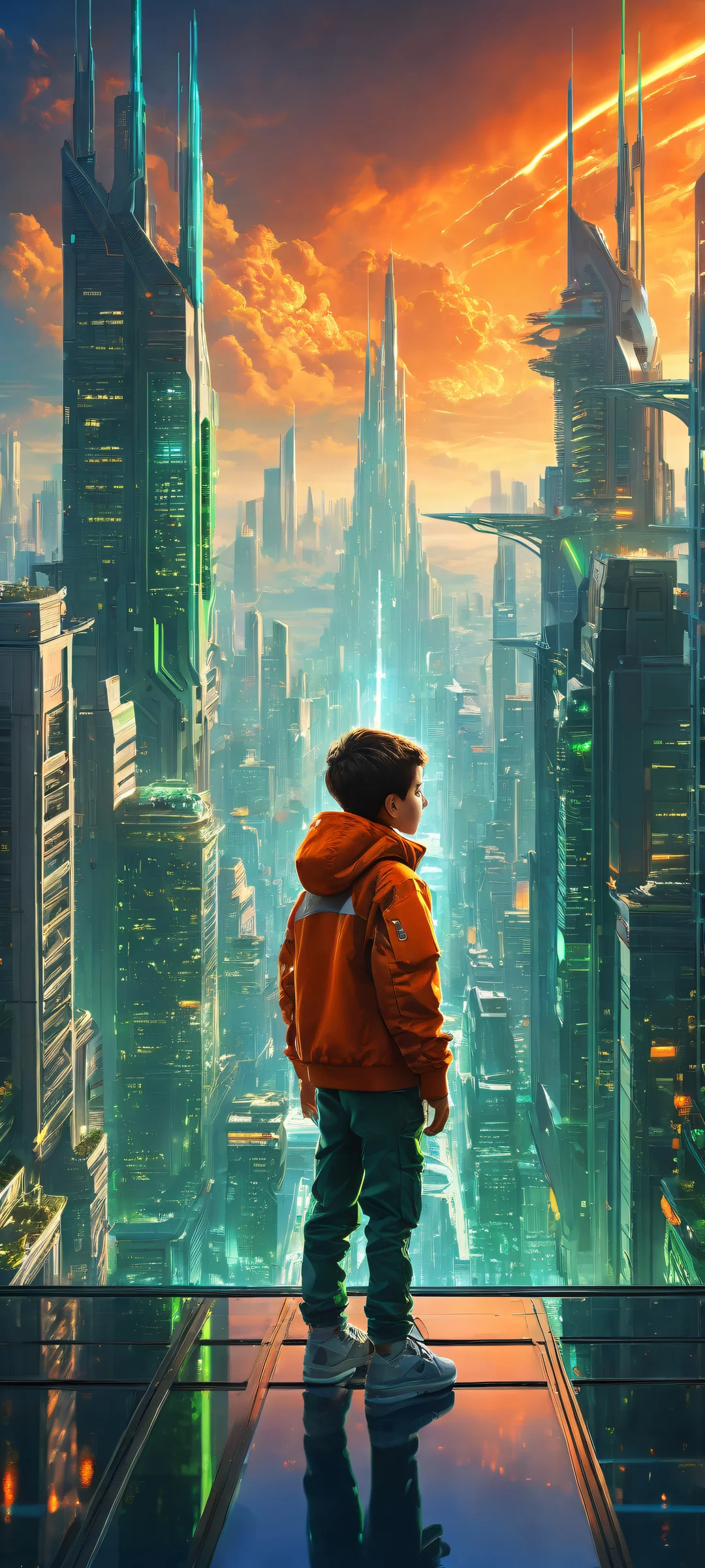 A young boy stands out against a backdrop of futuristic cityscapes and machinery, perfectly optimized for iPhone, Samsung Galaxy, and Android home screens.