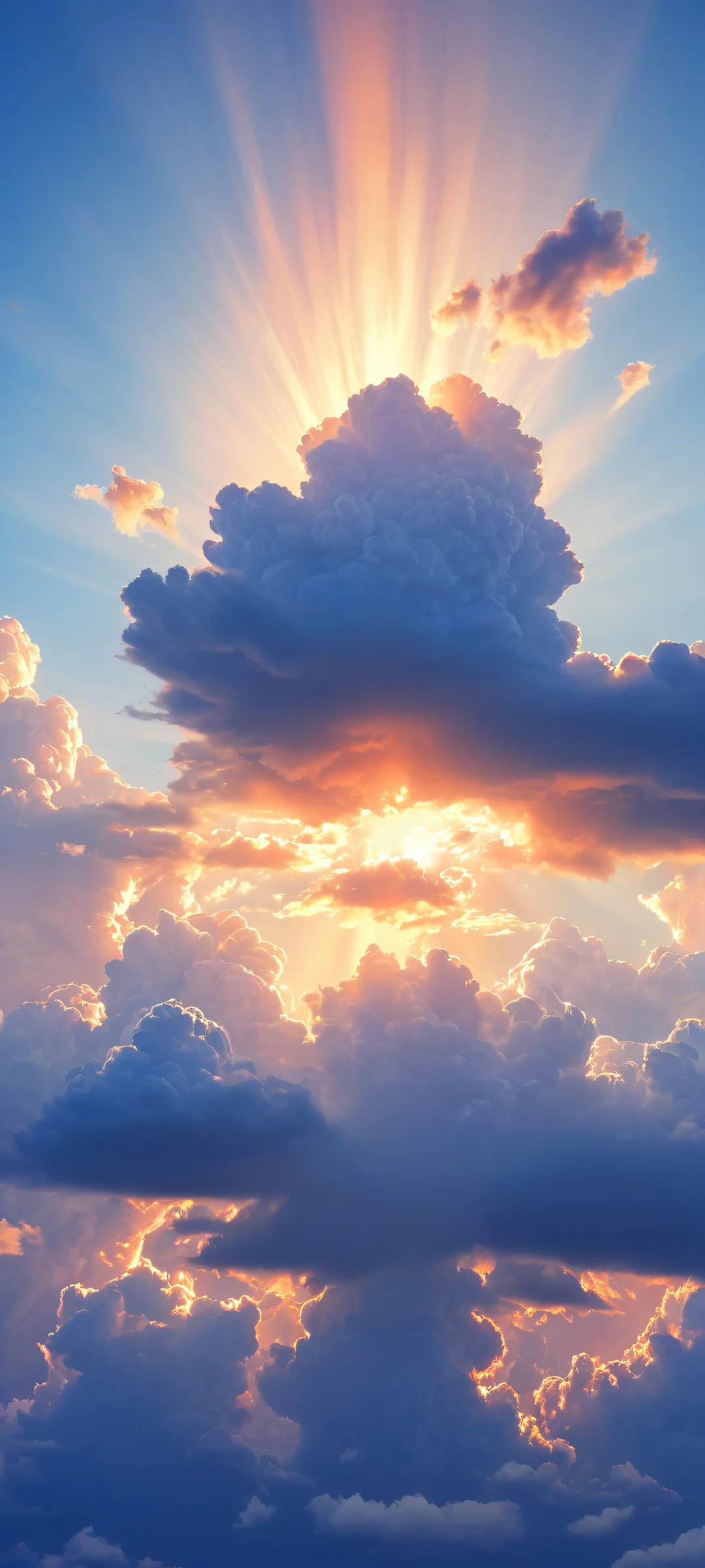 iPhone and Android compatible abstract cloud formation with knights, dragons, and mages unfolding within its shifting surface. Perfectly clean top half and luminous cloud with dark blue gradient in the distance.