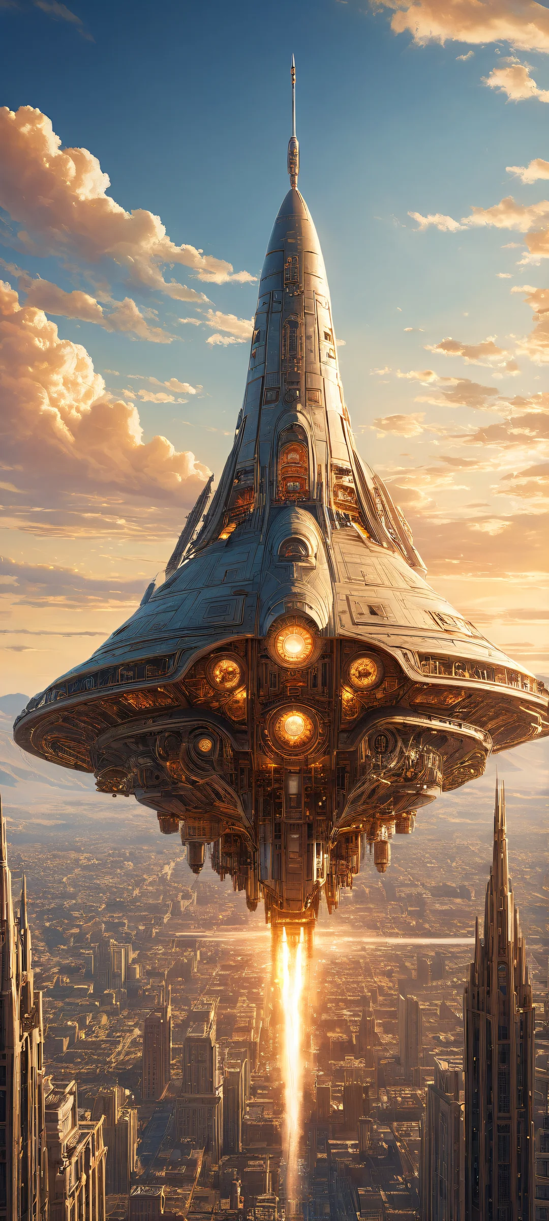 Vintage-inspired spaceship artwork with intricate gears and machinery on iPhone/Android home screen.