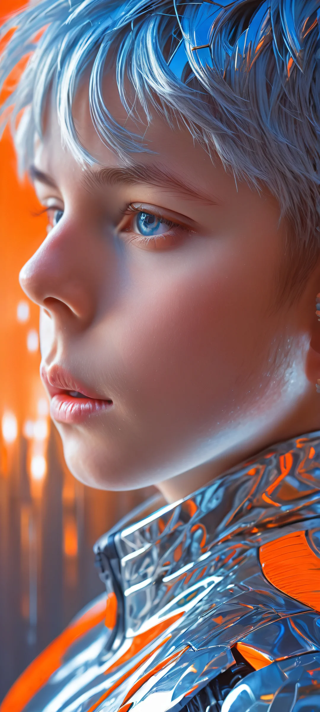 A futuristic boy in a stunning neon blue and metallic silver artwork with electric orange accents, perfect for iPhone/Android home screens.