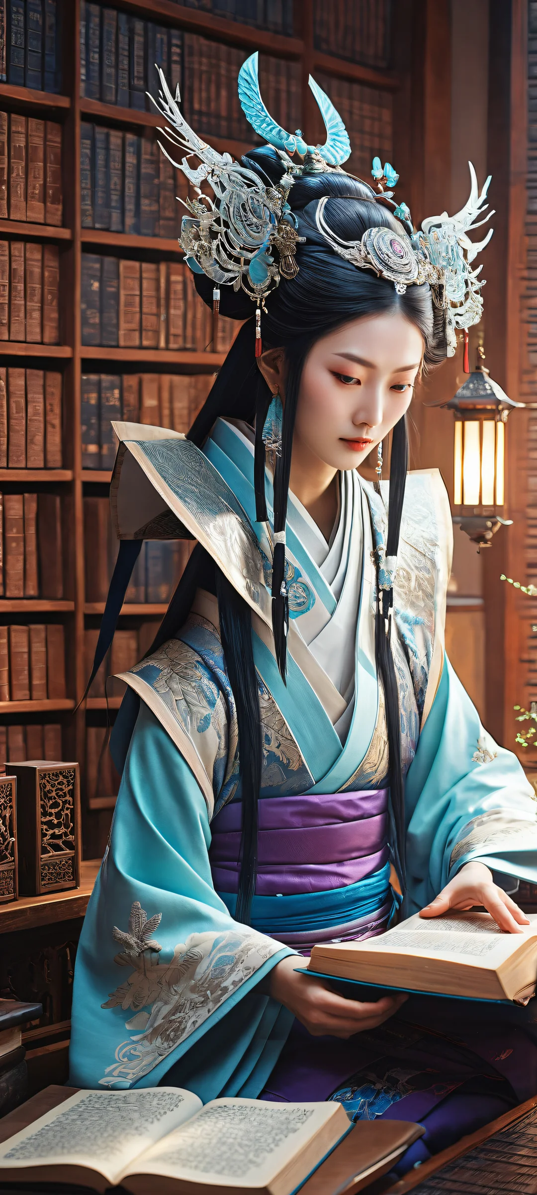 Mystical Onmyoji surrounded by ancient books and typewriters on a pristine void, with an 8K monitor in the lower half, Perfectamente optimizado para pantallas de inicio de iPhone/Android..