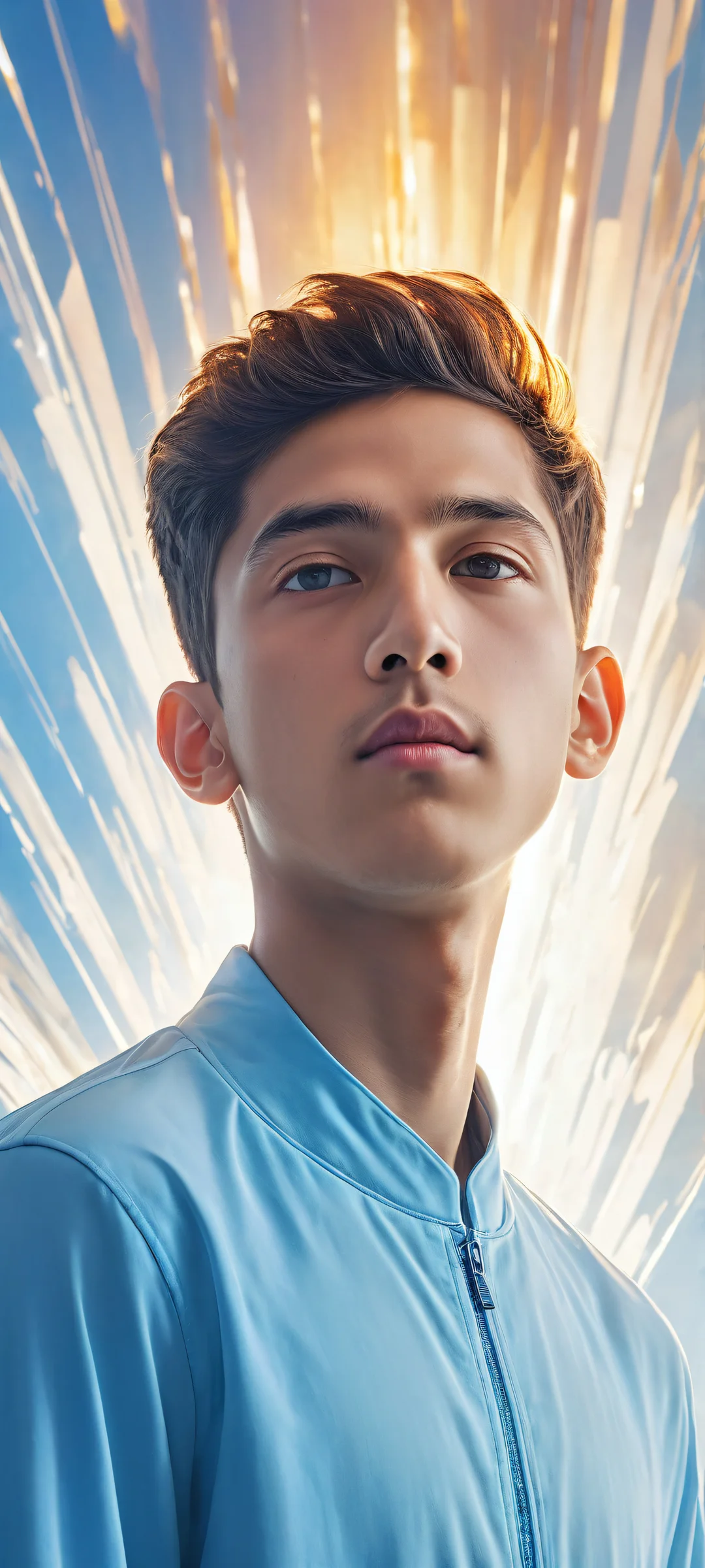 A breathtaking digital artwork of a boy placed in the lower-middle with insane micro-details. Perfectly clean and empty top half for UI, iPhone/Android.