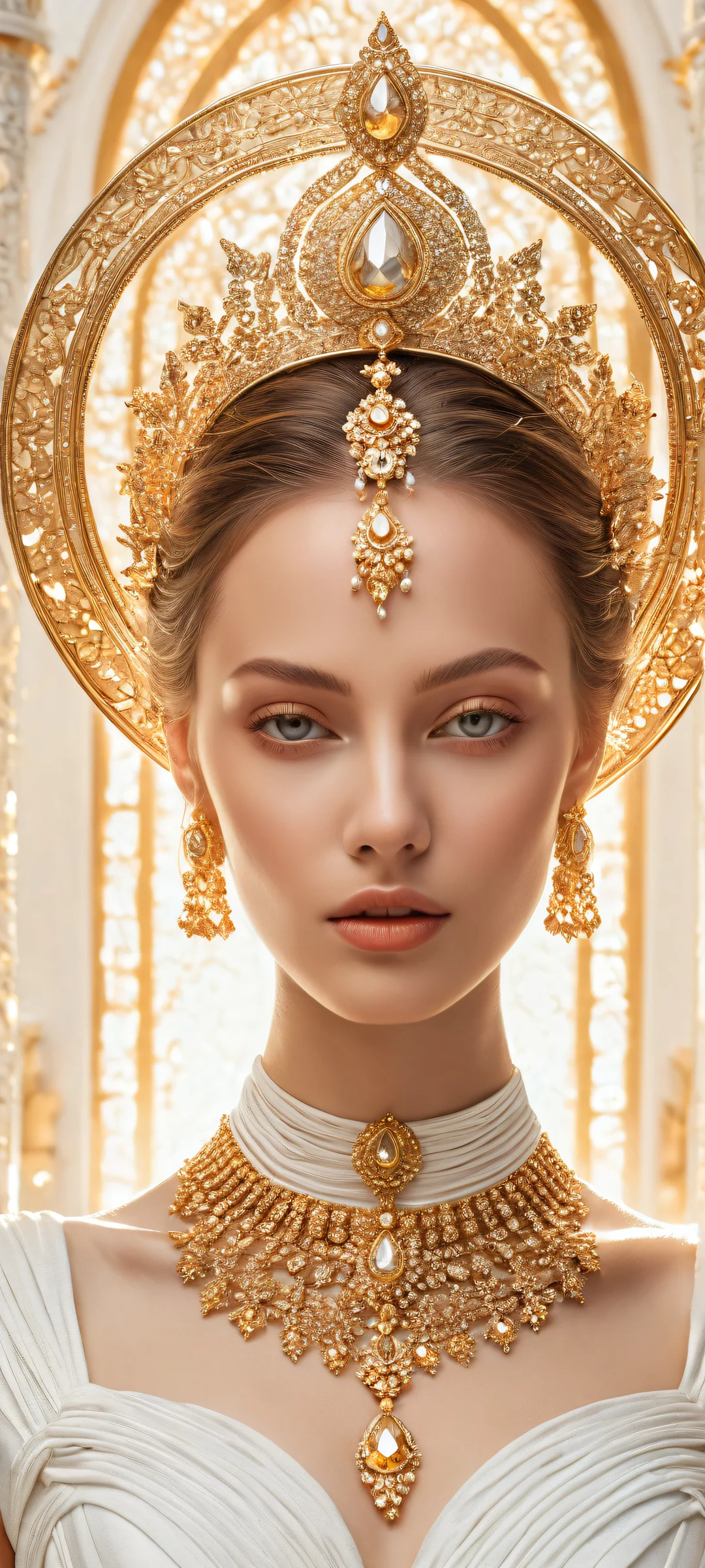 Portrait of a prestigious woman in an all-white dress on iPhone and Android, with intricate details and ethereal lighting.