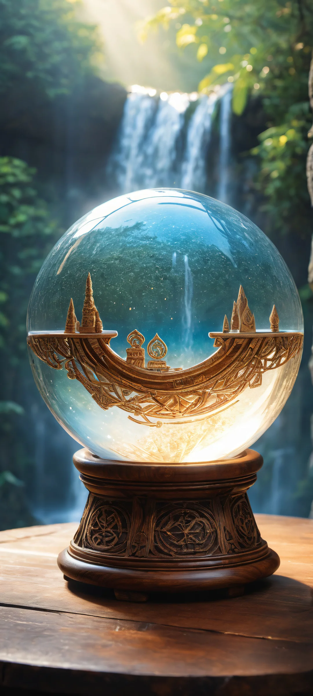 A mystical crystal ball surrounded by ancient runes and misty veil on a worn wooden table, parfaitement optimisé pour iPhone, SamsungGalaxy, et écrans d'accueil Android.