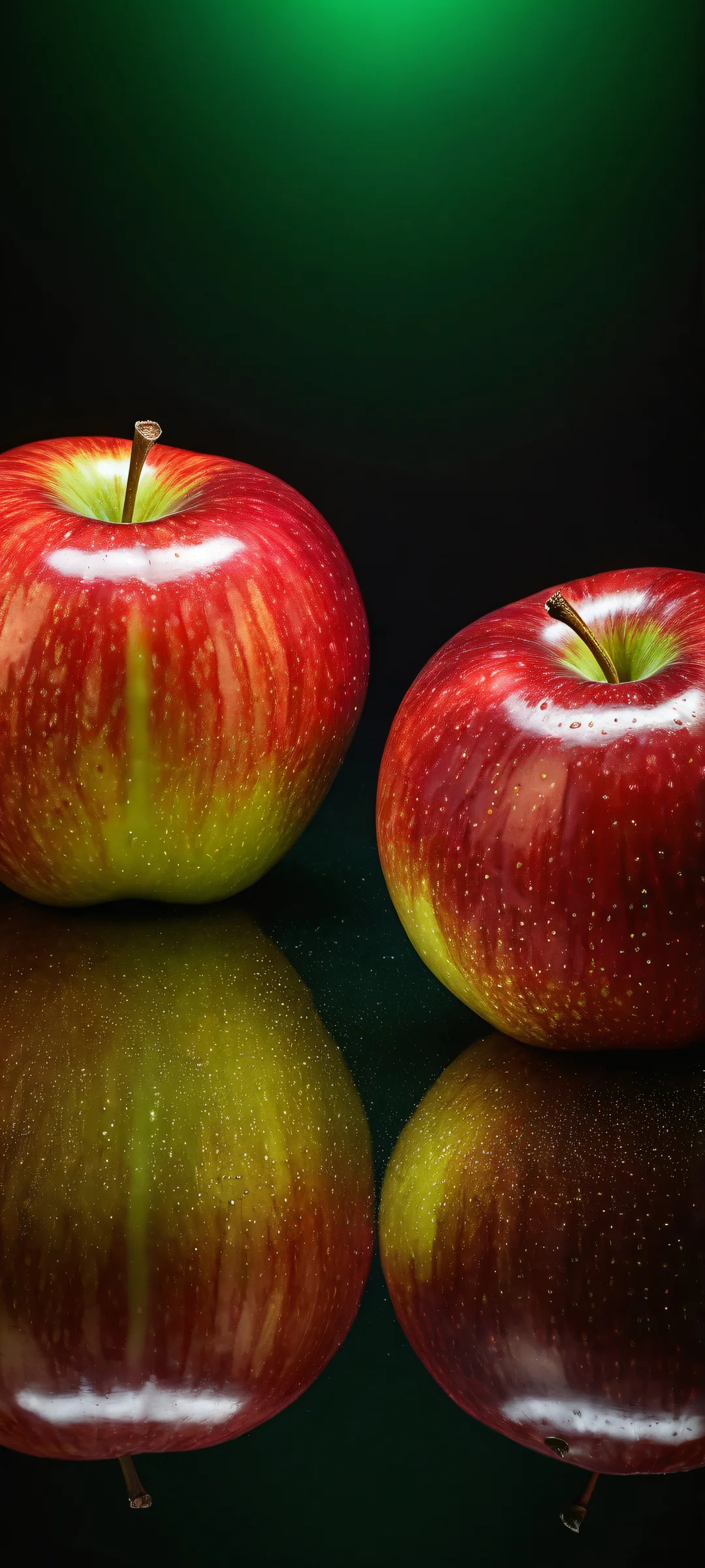 A pair of shiny apples placed on a simple black background with a vast pure void above, perfectly optimized for iPhone and Android home screens.