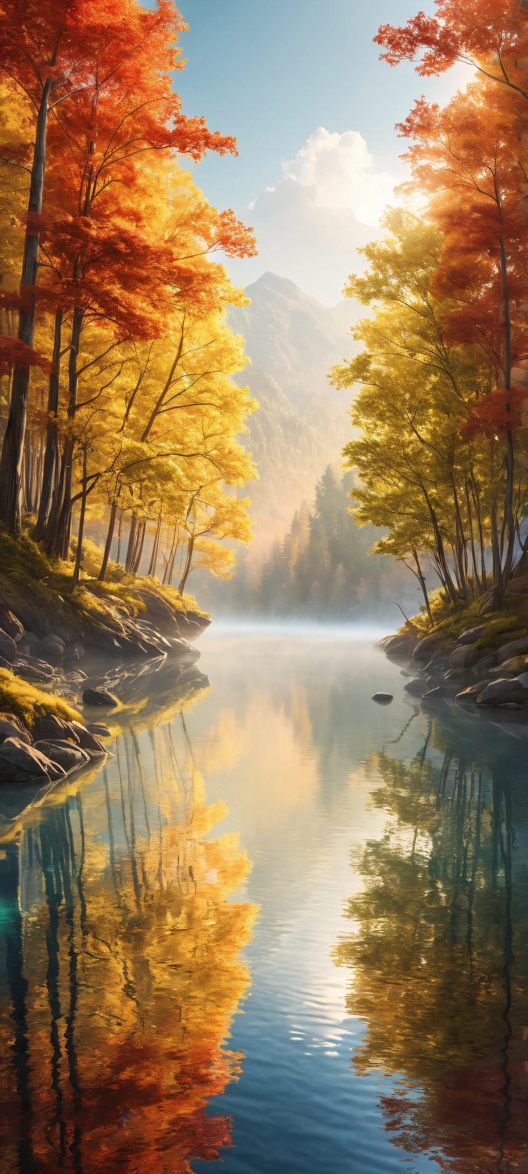 iPhone and Android users will be mesmerized by this stunning portrait of Trees, perfectly optimized for your device's home screen. The intricate micro-details of the forest floor are reflected in the misty overcast sky and river below.