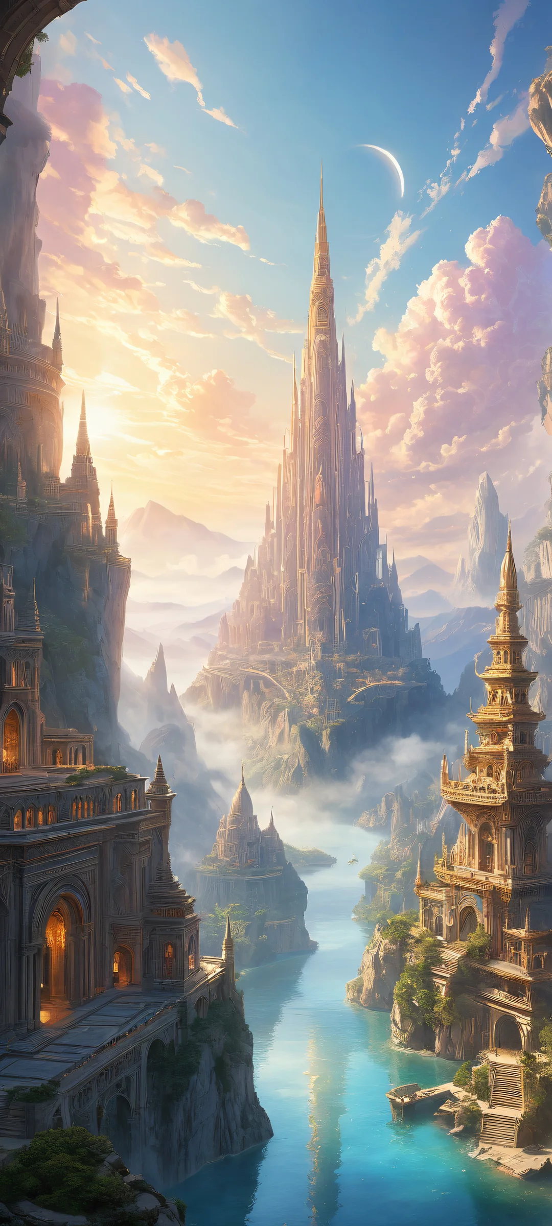 Ethereal Overture QHD Phone Background Mystical ancient cityscape on iPhone/Android with radiant ethereal lighting and intricate architecture.