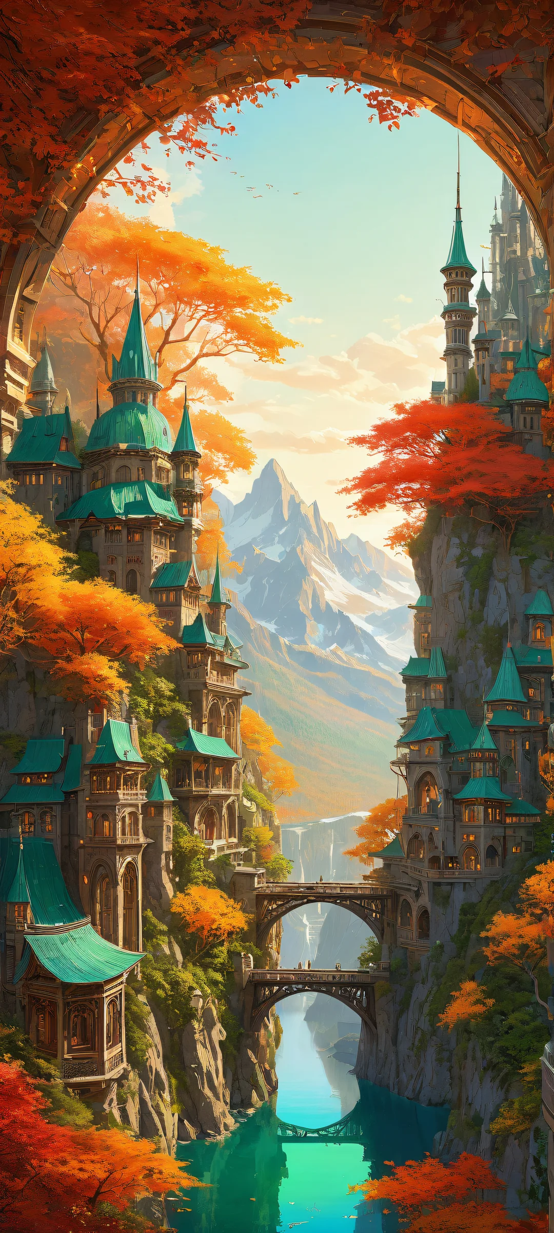 A futuristic cityscape with intricate mechanical gears and circuitry visible through a translucent archway, set against an emerald-green alpine valley and a golden autumnal background. Parfaitement optimisé pour iPhone, SamsungGalaxy, et écrans d'accueil Android.