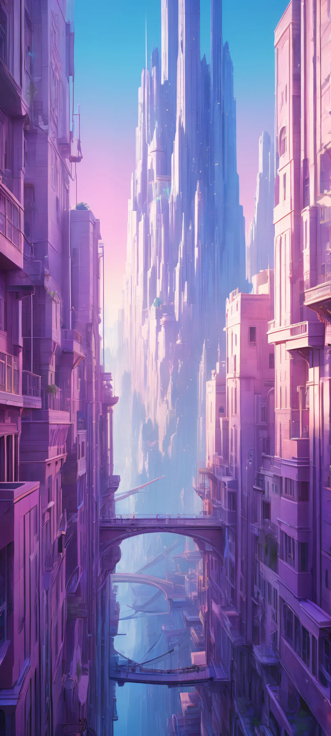 Surreal cityscape on a pristine void for iPhone/Android wallpapers, radiant colors, and soft reflections.