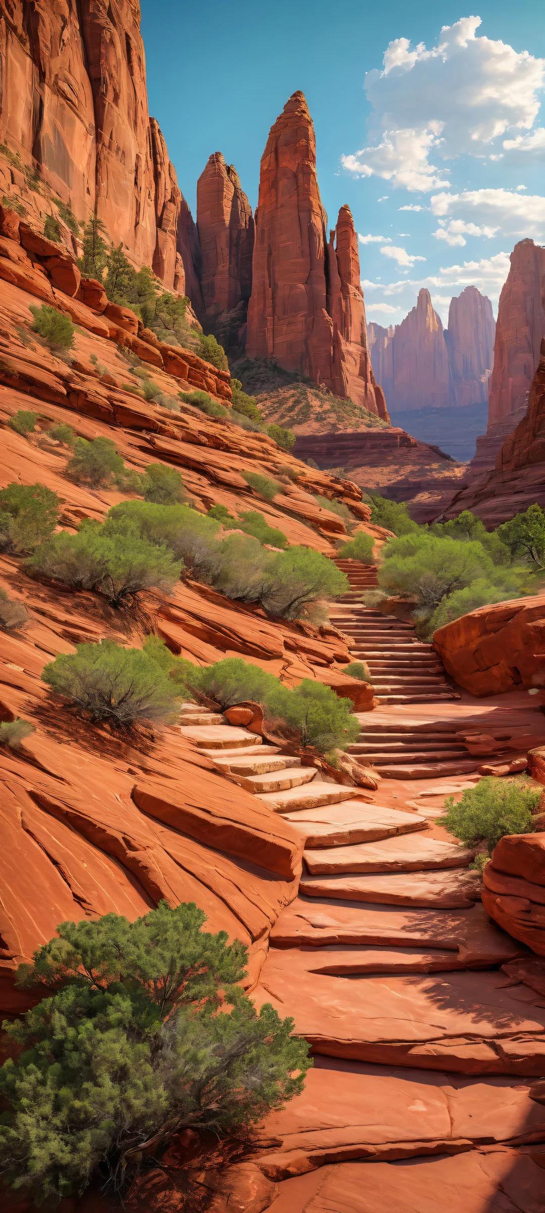 iPhone/Android users will be mesmerized by the serene atmosphere of a midnight vernal equinox with a majestic red rock formation, surrounded by lush green foliage and illuminated by soft moonlight.