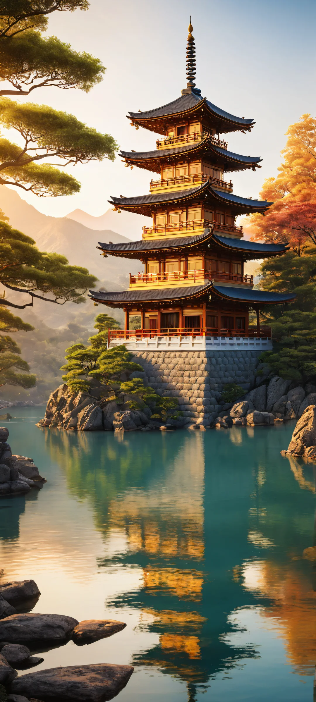 iPhone/Android wallpaper featuring a stunning pagoda with intricate details against a serene backdrop.
