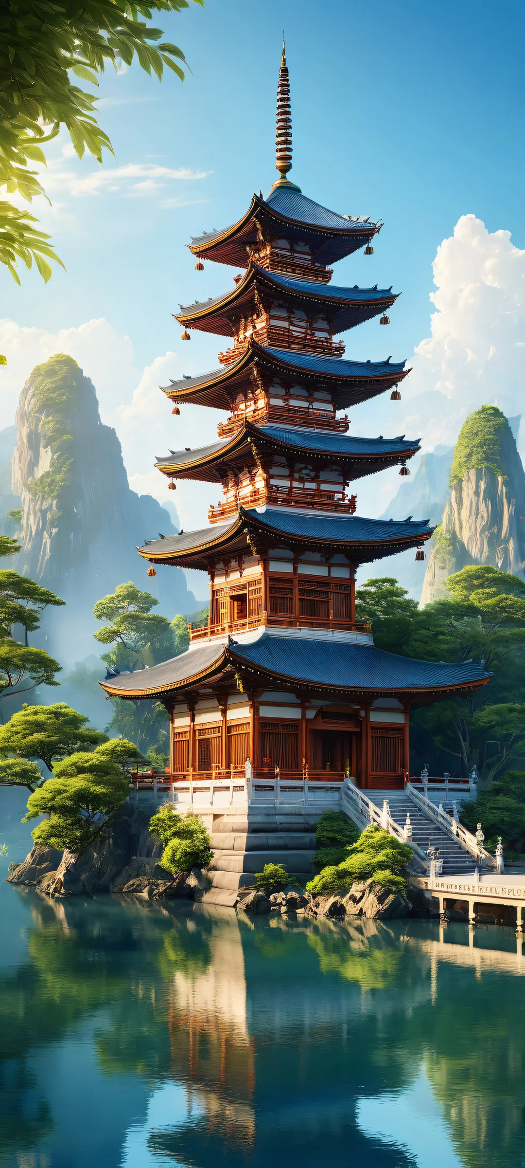 A majestic pagoda on a serene landscape with lush greenery and ancient trees. Perfecto para pantallas de inicio de iPhone/Android.