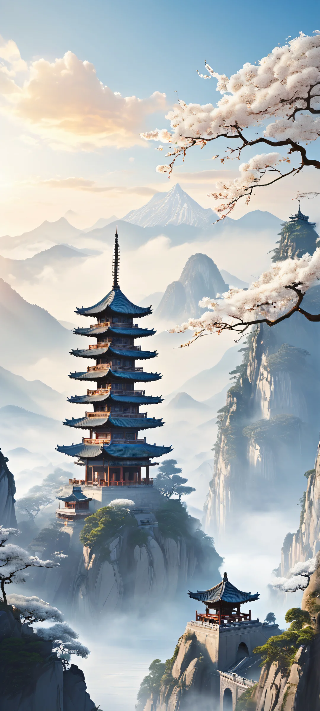 A majestic pagoda amidst ancient Chinese architecture, set against a breathtaking landscape of clouds and distant mountains on an iPhone or Android device.