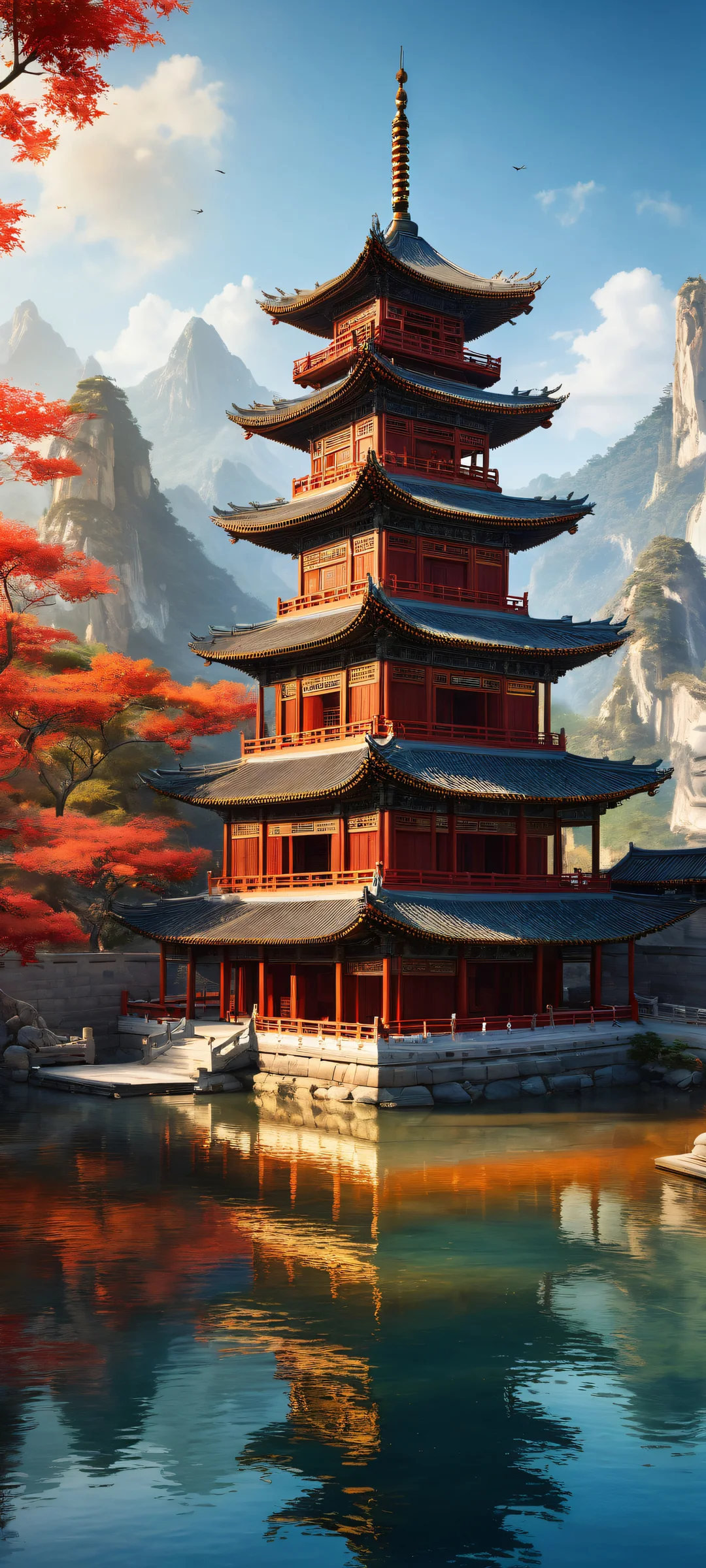 Ethereal Pagoda 2K QHD Home Screenund Android-StartbildschirmeSamsung Galaxyperfekt optimiert für das iPhone A majestic pagoda with intricate micro-details and serene landscape on a pure void background, perfectly optimized for iPhone, Samsung Galaxy, and Android home screens.
