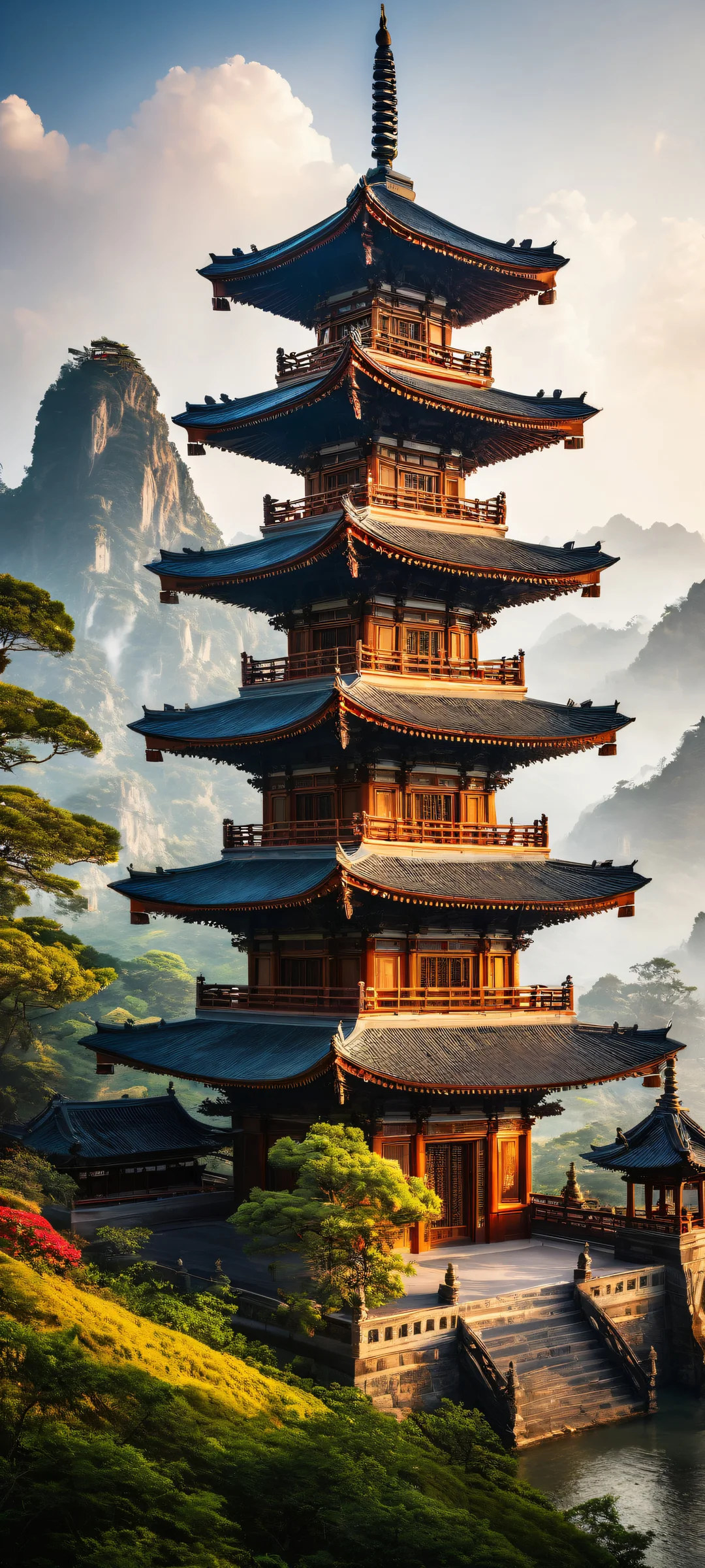 Majestic pagoda with intricate carvings and filigree, perfectly clean top half for iPhone/Android home screens, amidst a serene landscape.