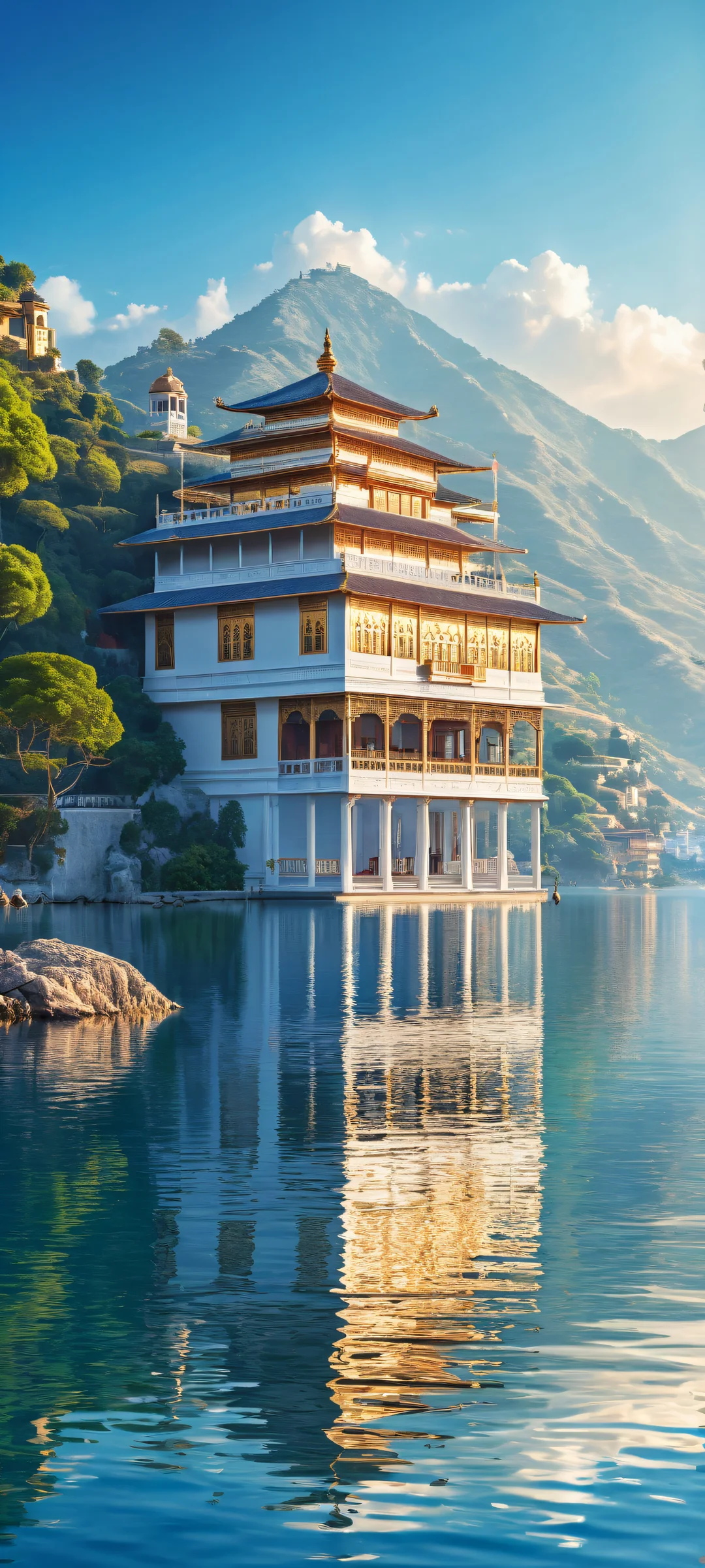 A majestic lake palace with intricate micro-details, perfectly clean and empty top half for UI, iPhone/Android home screen wallpaper.