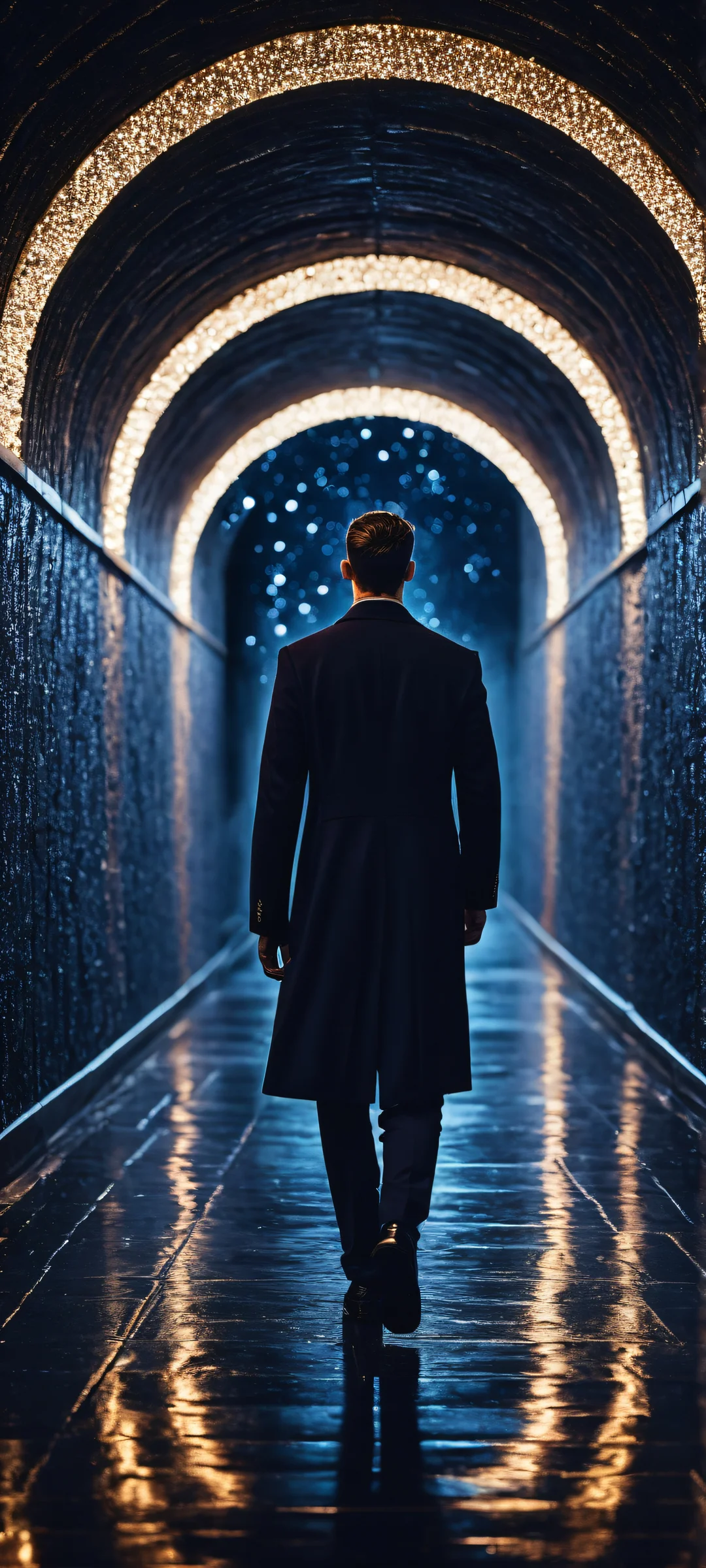 iPhone/Android user's delight - breathtaking digital art of a figure walking through the tunnel at night, with starry sky bokeh and elegant lighting.