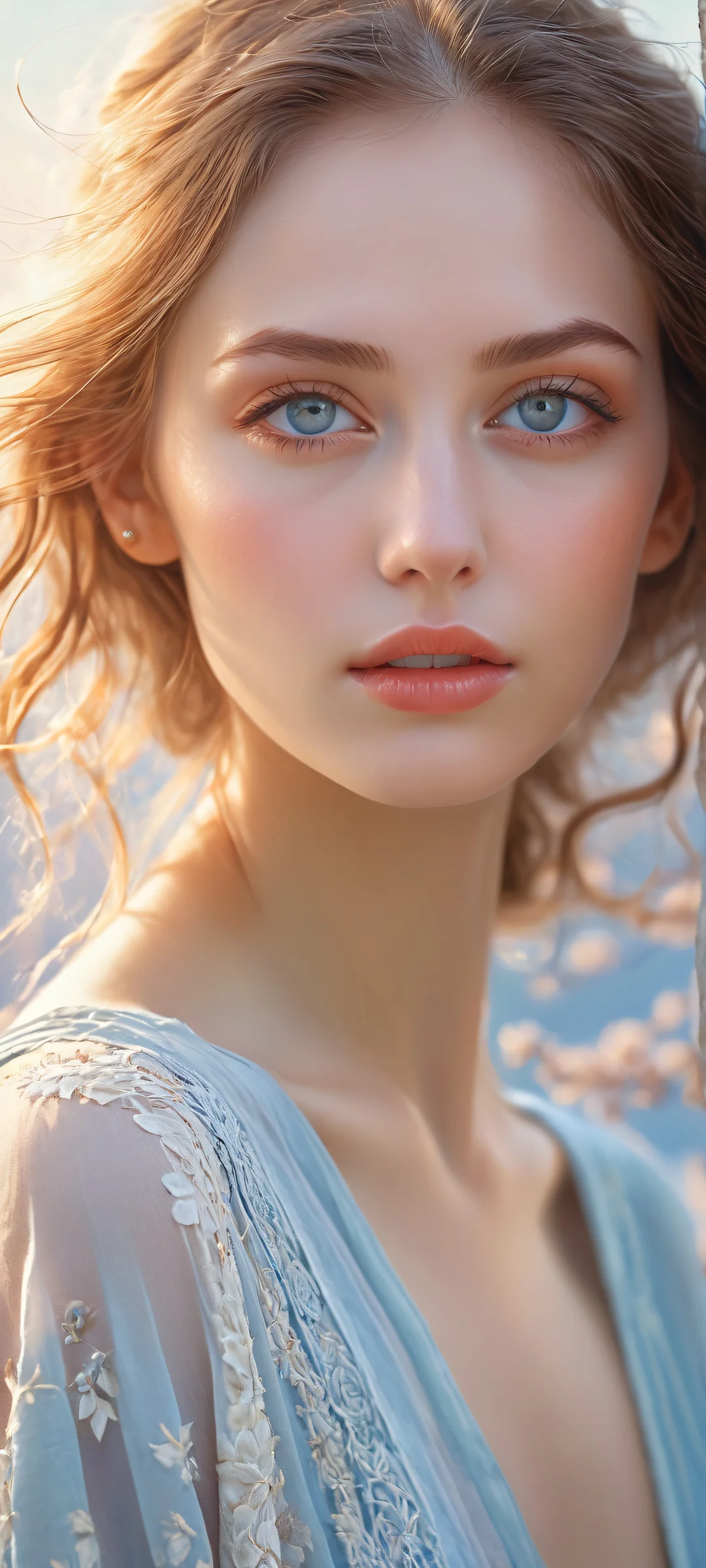 Beautiful serene young woman on iPhone/Android wallpaper with calming atmosphere and radiant lighting.
