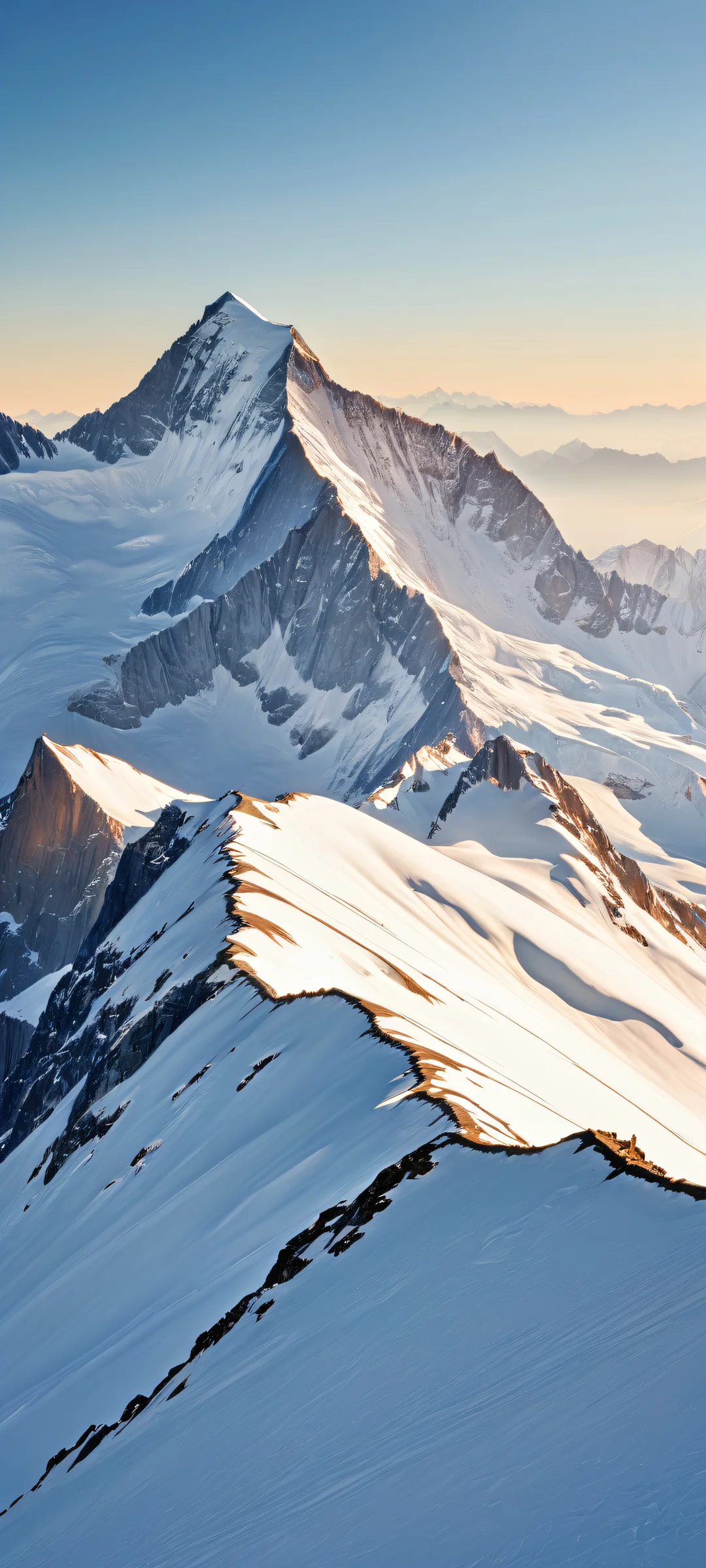 Breathtaking iPhone/Android wallpaper featuring snow-capped mountain peaks with intricate micro-details, ethereal lighting, and radiant colors.