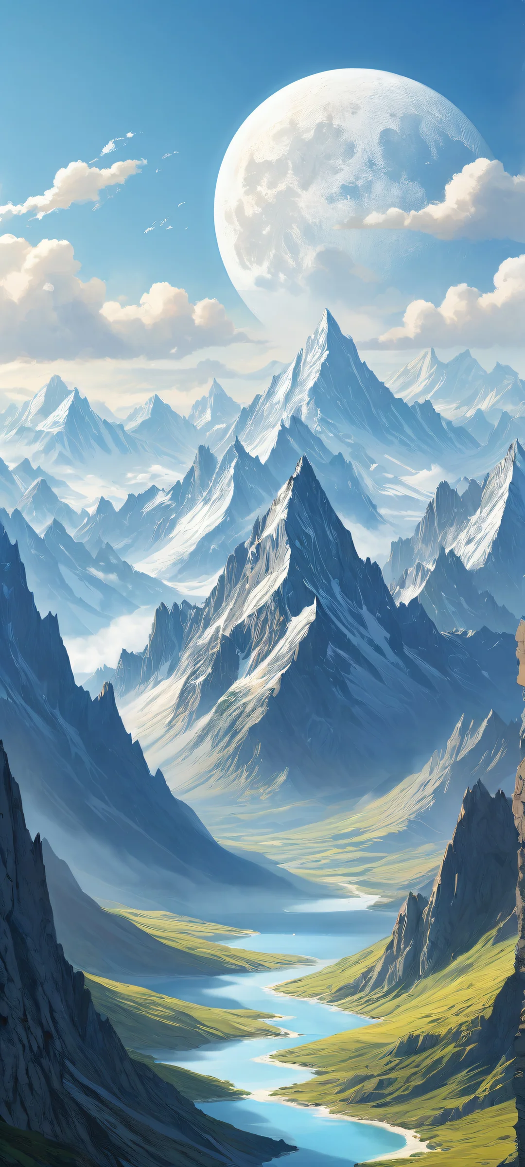 A majestic iPhone/Android landscape featuring breathtaking jagged mountains under a swirling cloudy sky with radiant blue moon, perfect for home screens.