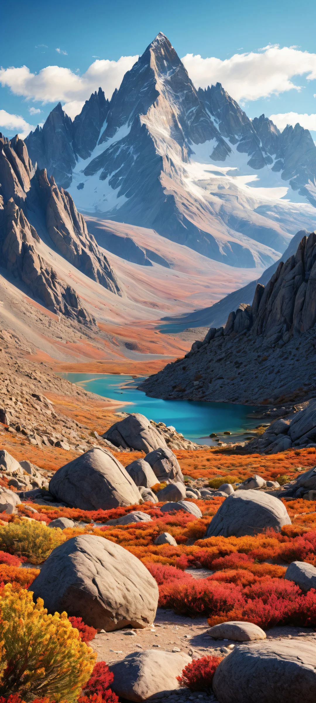 A majestic mountain range on a pristine iPhone or Android home screen, with intricate micro-details and ethereal lighting.