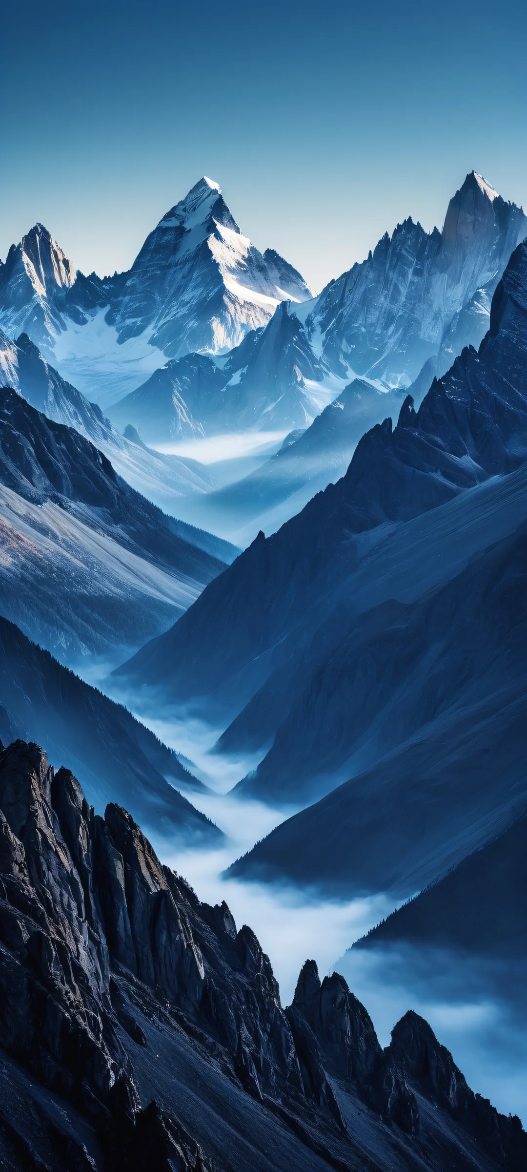 A serene mountain landscape with rocky formations and misty valleys on an iPhone/Android screen.