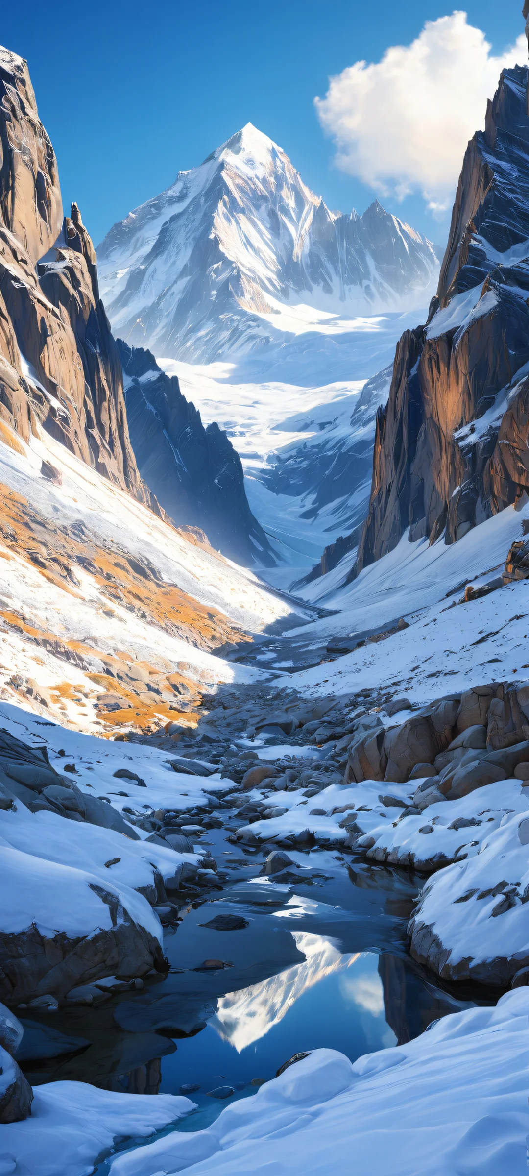 A majestic mountain range artwork on iPhone/Android, showcasing snow-capped peaks and rocky outcroppings amidst a vast sky.