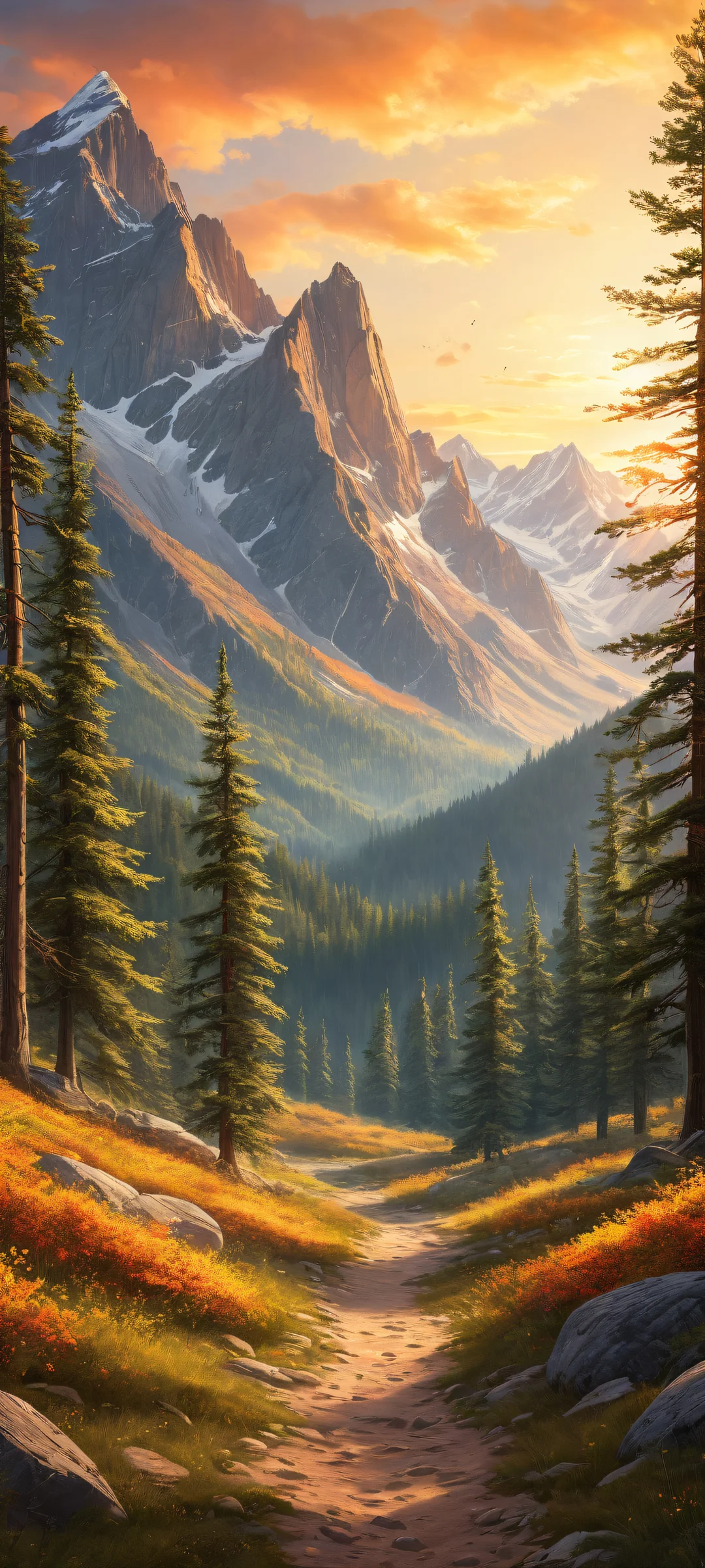 Ethereal Peaks QHD Smartphone Background iPhone and Android users, behold the majesty of this mountain range artwork featuring intricate forest details and a serene landscape. Perfect for iOS widgets and Samsung Galaxy home screens.