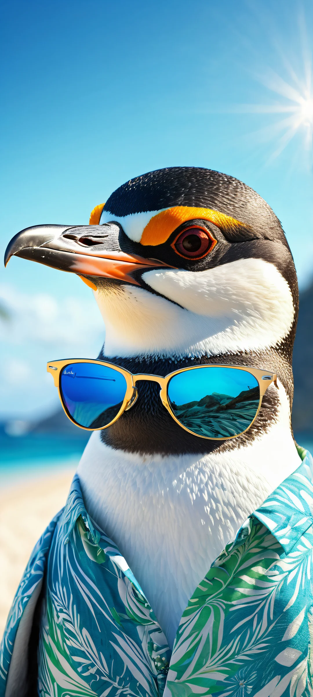 Stylish penguin in sunglasses on a futuristic desktop landscape with iPhone/Android phone