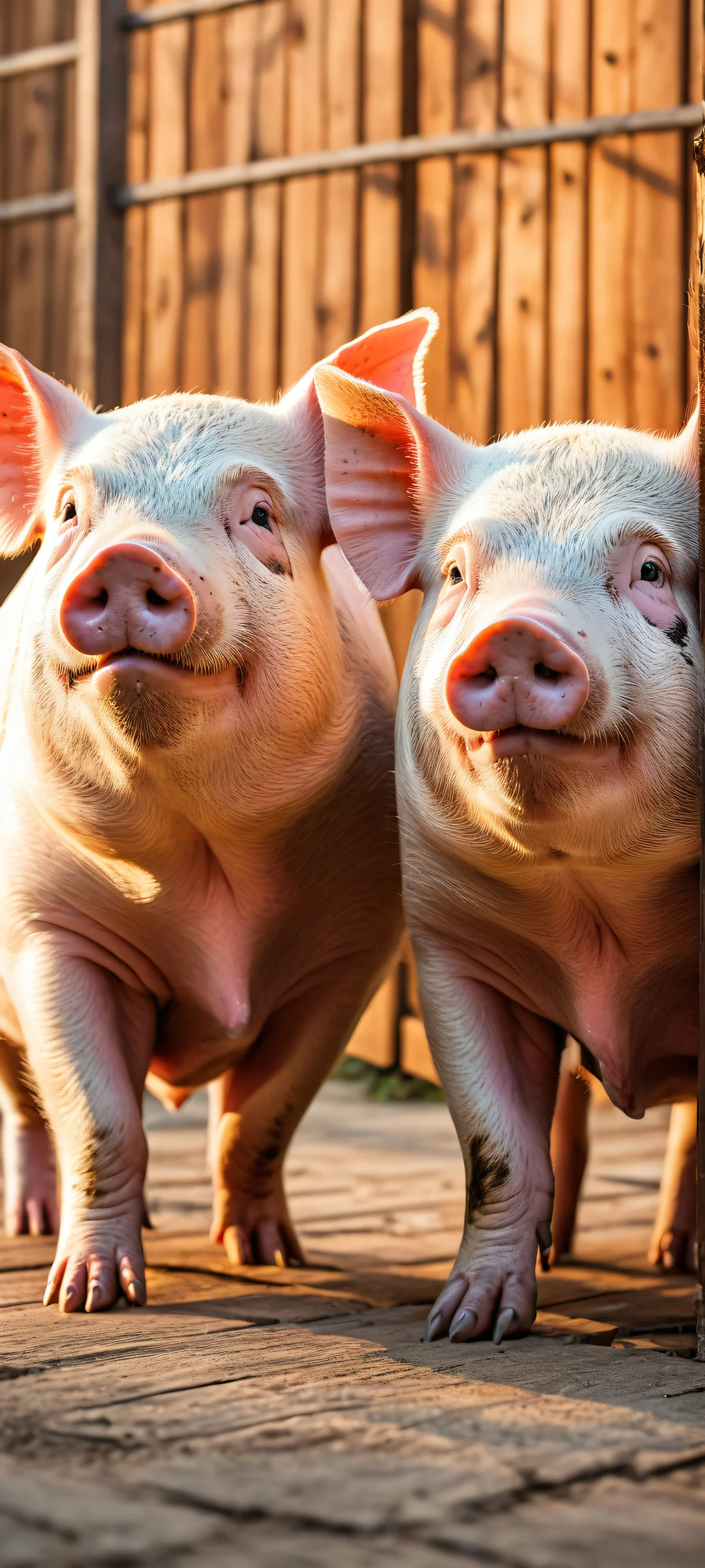 A stunning vertical portrait of two fat pigs set against a vast pure void with wooden wall and fence, parfaitement optimisé pour les écrans d'accueil iPhone/Android.