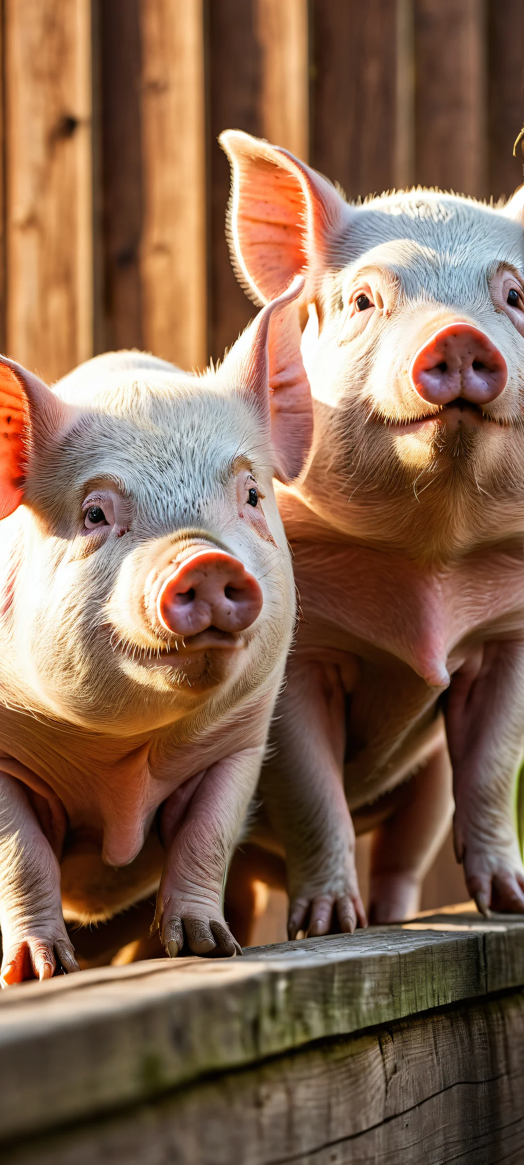 Two pigs on a fence with a beautiful background, perfect for iPhone/Android wallpapers.