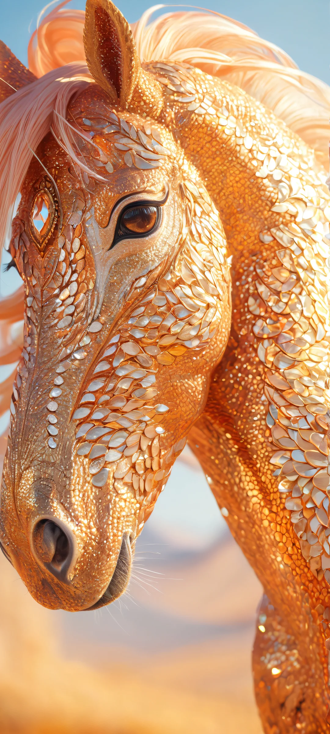 A majestic pony's skin shines with intricate micro-details, set against a beautiful landscape on an iPhone/Android home screen.