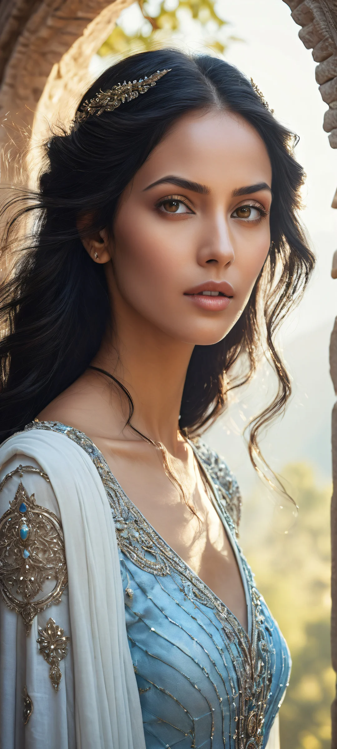 A mystical woman invites you to step through an otherworldly portal on your iPhone/Android, avec des micro-détails complexes et un éclairage éthéré.