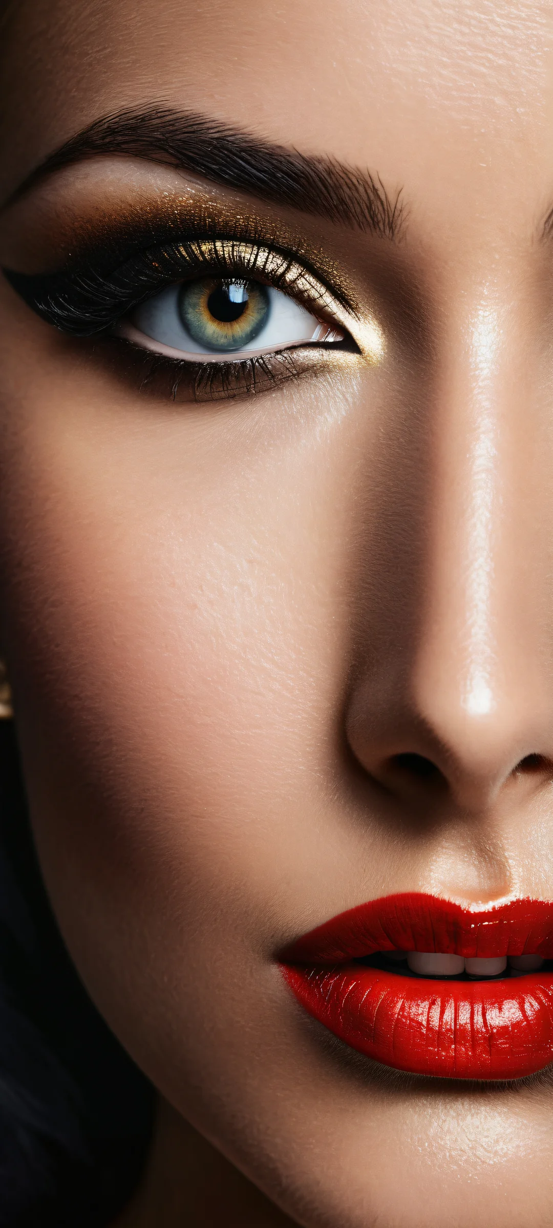 A beautiful digital artwork of a face with intricate details placed in the lower-middle against a dark metallic background. Perfekt für iPhone-/Android-Startbildschirme.