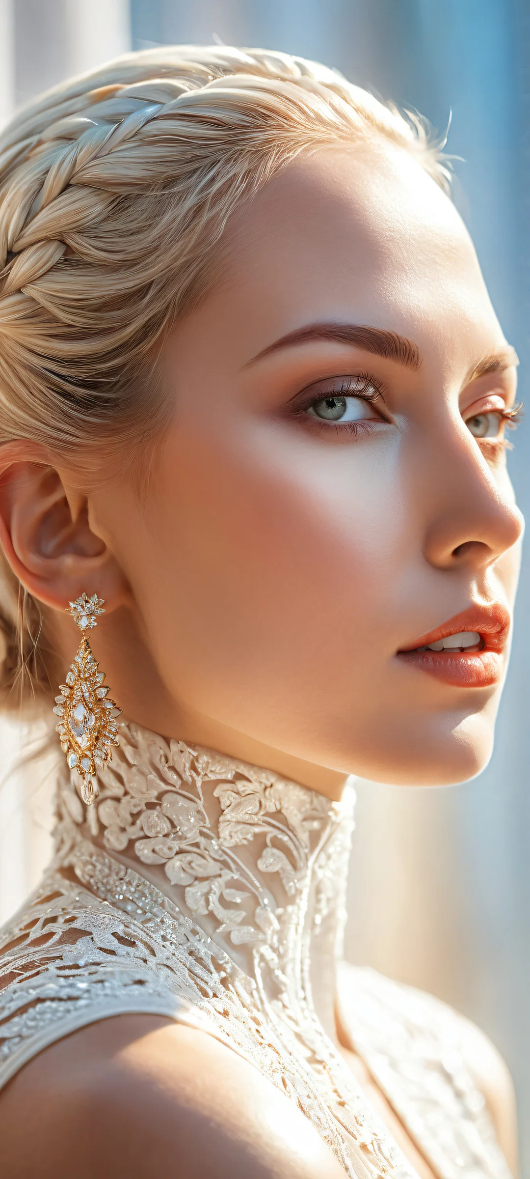 Beautiful portrait artwork of a stunning face placed in the lower-middle with insane micro-details and a vast pure void in the top half, perfectly optimized for iPhone/Android home screens.