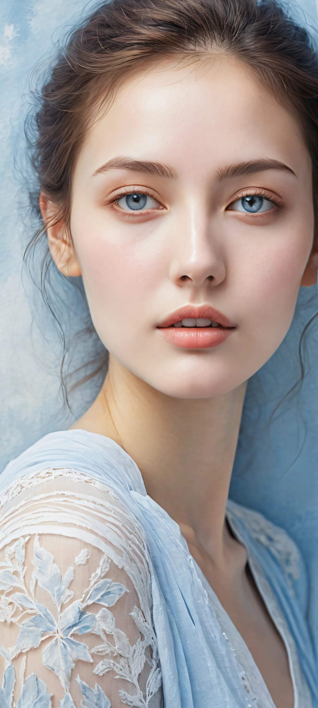 A woman's portrait with intricate watercolor arms and hands on a serene background, perfect for iPhone or Android home screens.