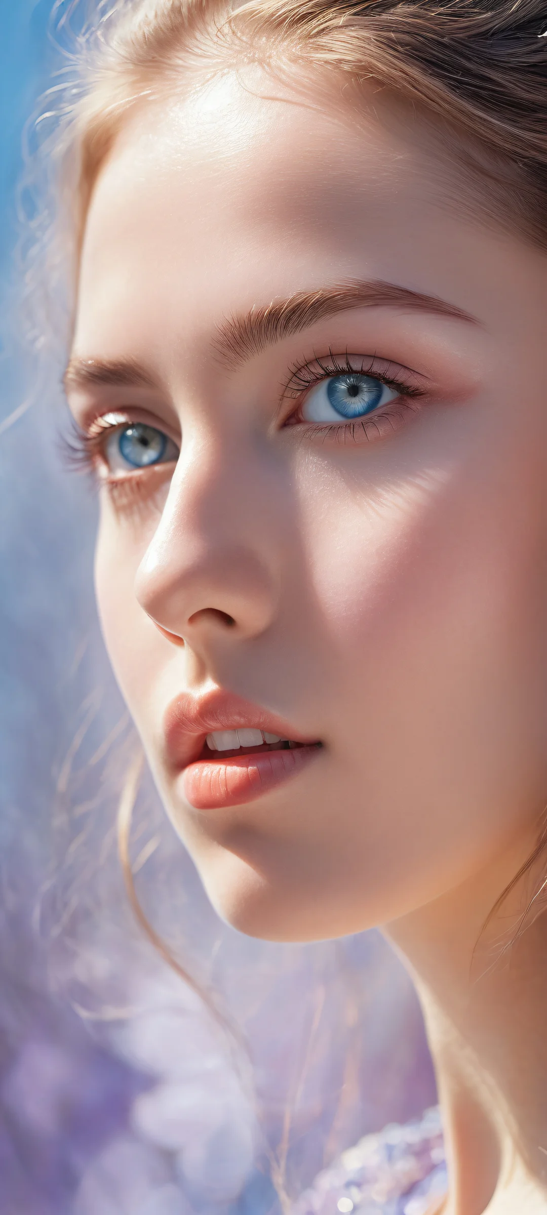 A young woman with intricate details on her eyes and fingers, perfectly clean background for iPhone/Android home screens.