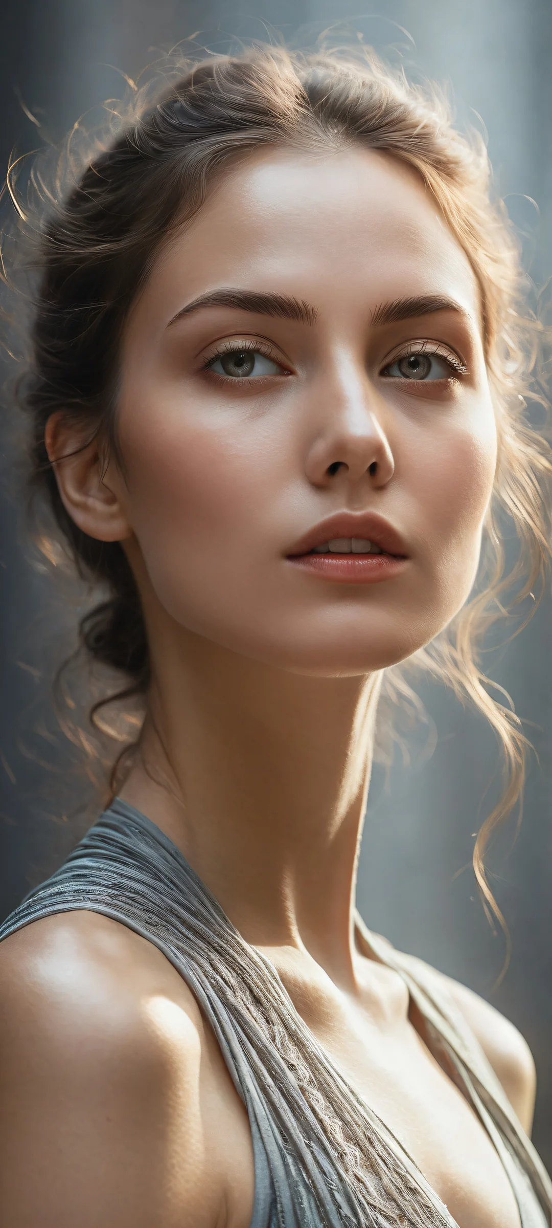A beautiful young woman placed in the lower-middle with insane micro-details against a vast pure void, perfectly optimized for iPhone and Android home screens.
