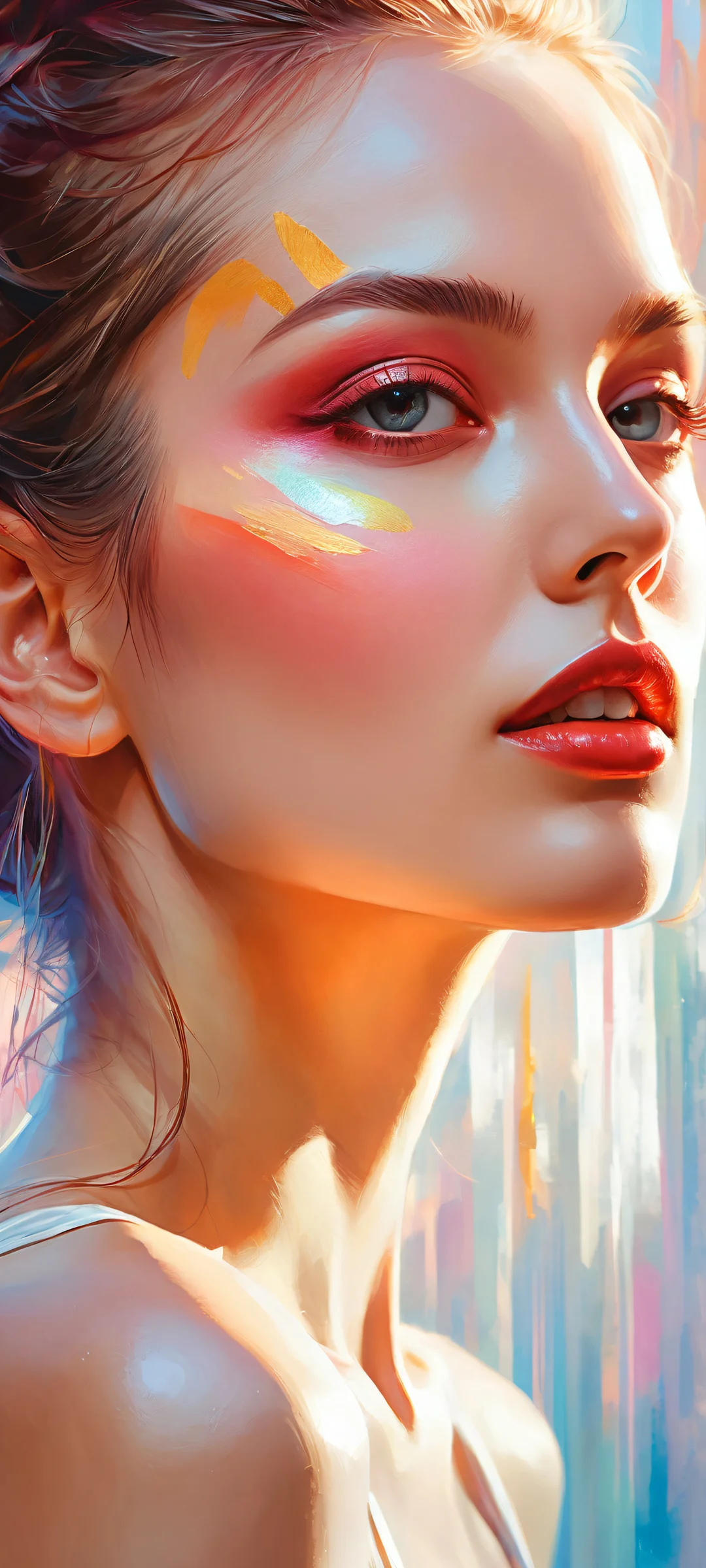 iPhone/Android wallpaper featuring an ethereal portrait with intricate micro-details and radiant colors.