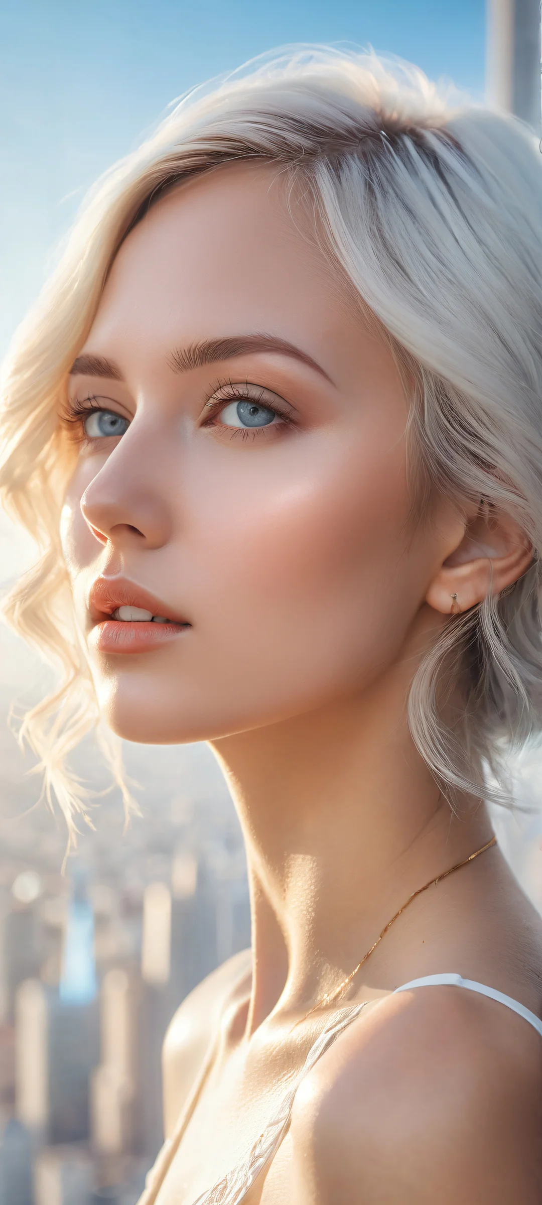 A beautifully rendered human face with micro-details and extreme depth of field, perfectly clean top half and a stunning cityscape in the lower-half. Ideal for iPhone/Android home screens.