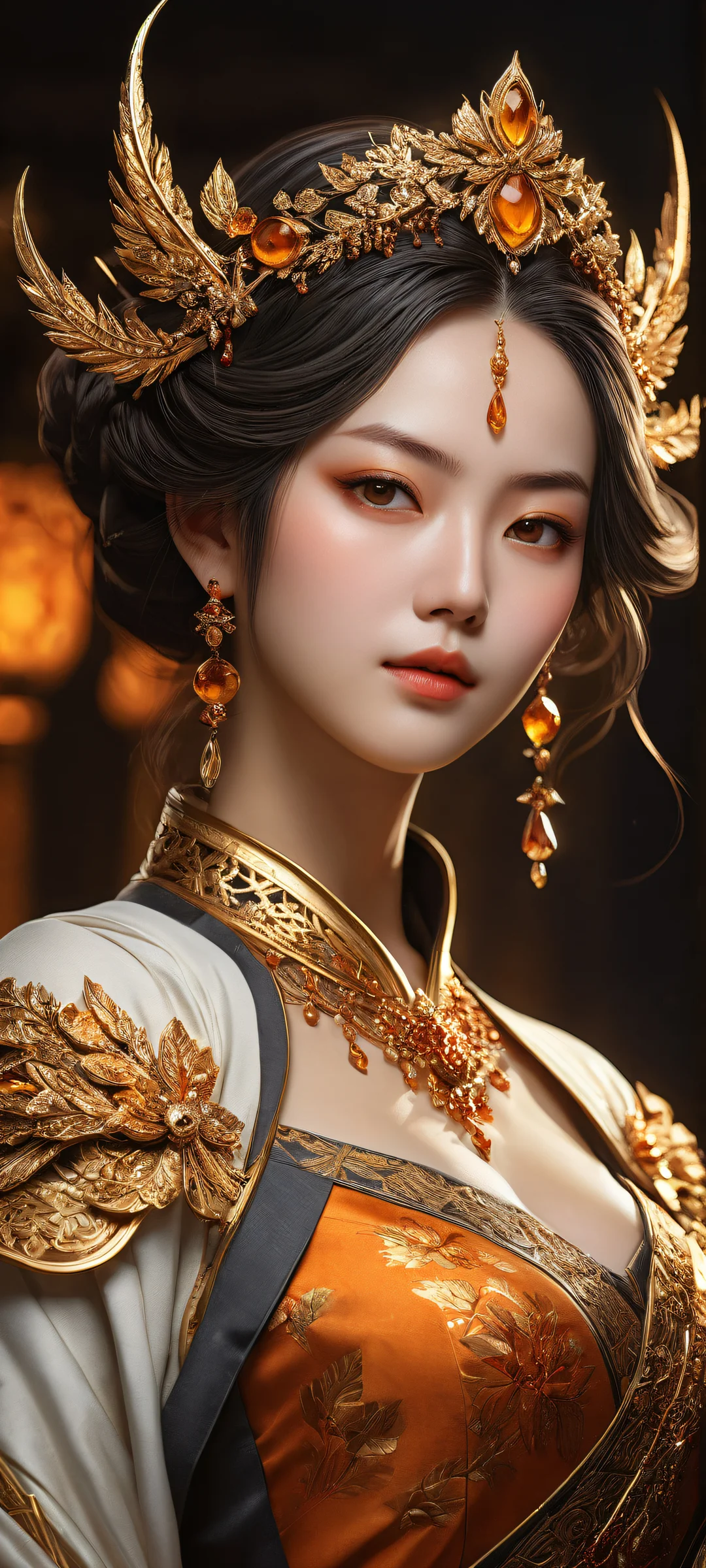 A lone Genshin Impact character on an iPhone or Android with intricate amber-hued attire and a dark gradient background.