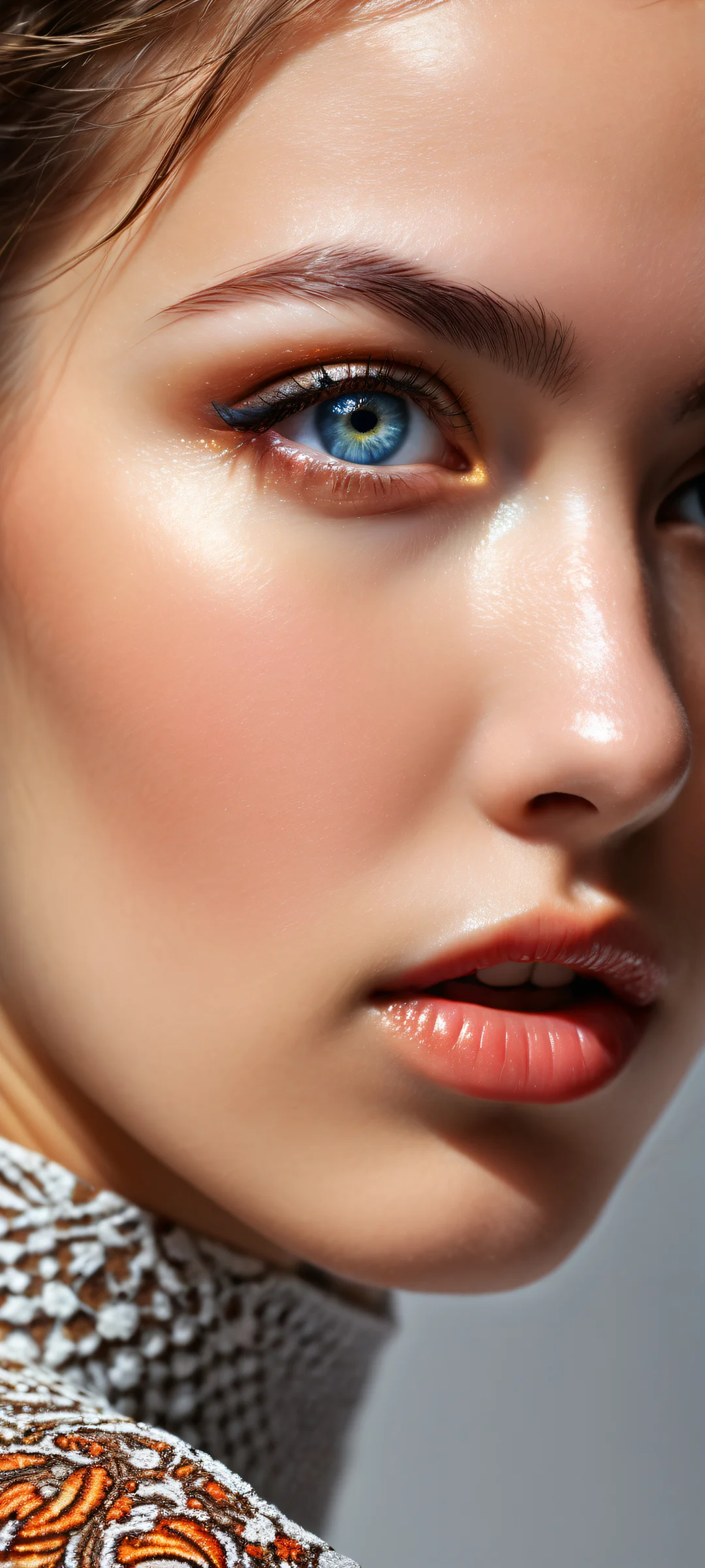 A young girl's portrait with intricate details on her eyes and fingers, perfect for iPhone/Android home screens.