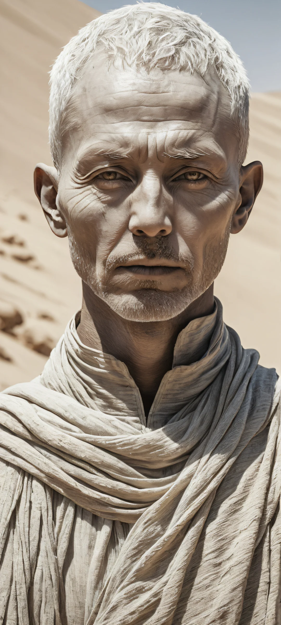 A breathtaking portrait of a figural subject amidst ash-like fabric particles, perfectly clean top half and vast barren land below, for iPhone/Android home screens.