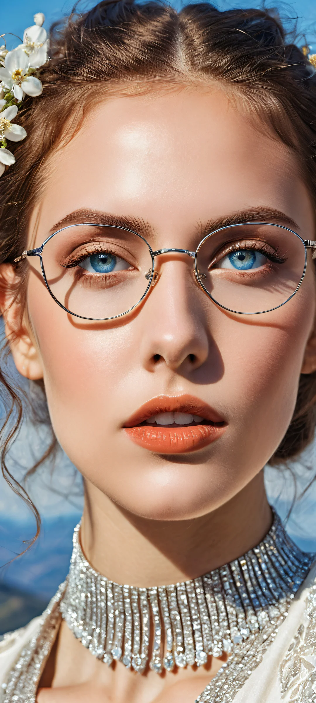 A young woman with piercing blue eyes and intricate face details placed on a serene landscape with fluffy white clouds, framed by trendy glasses, for iPhone/Android.